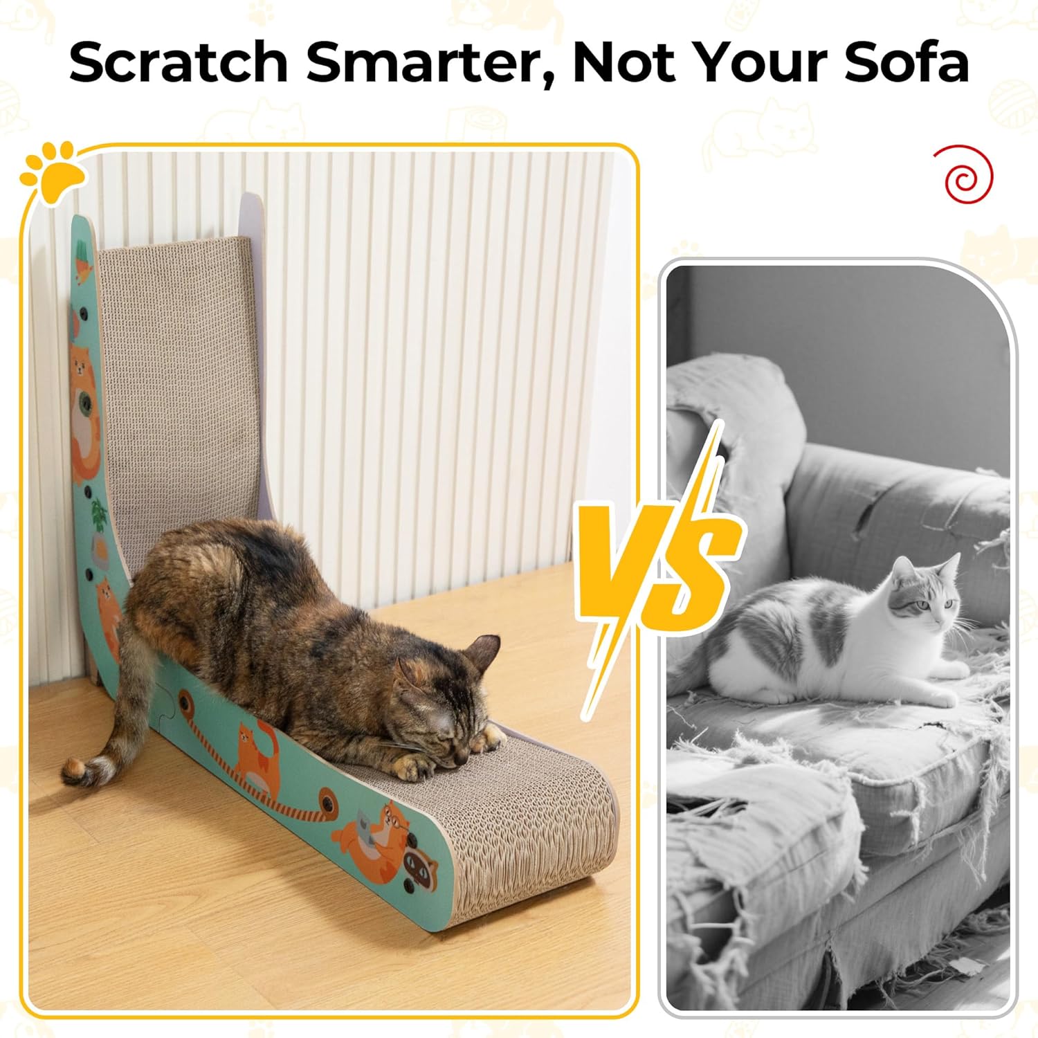 COZIWOW L-Shape Cat Scratcher Lounge, Corrugated Cardboard Scratching Pad for Indoor Cats, Durable Cat Furniture with Spring Toy (Colorful)