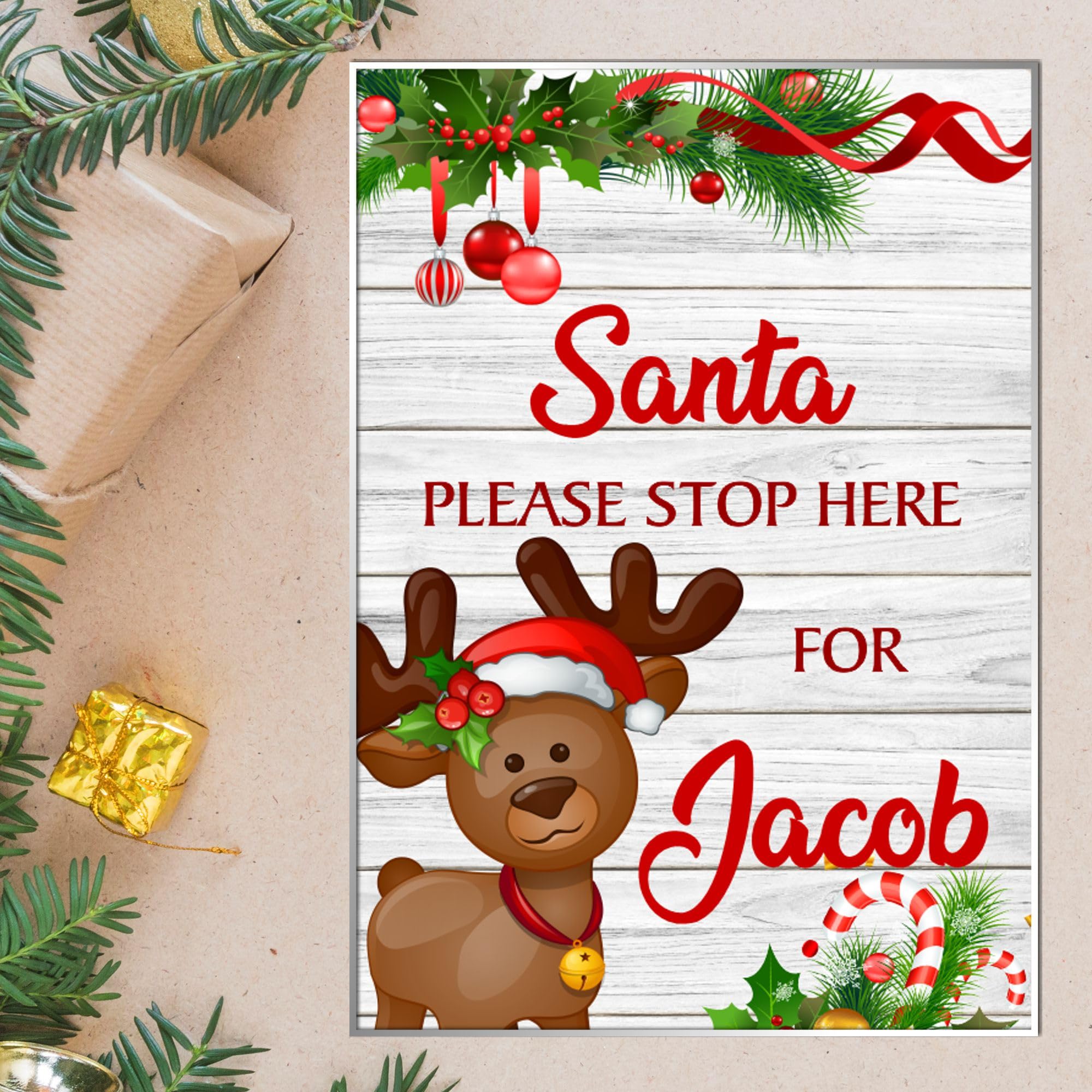 Personalised 'Santa Please Stop Here' Plaque Sign - Rustic Christmas Wall Art for Kids' Rooms - Customisable Xmas Gift Decoration (A4 Acrylic: Indoor & Outdoor Use, Reindeer Design)