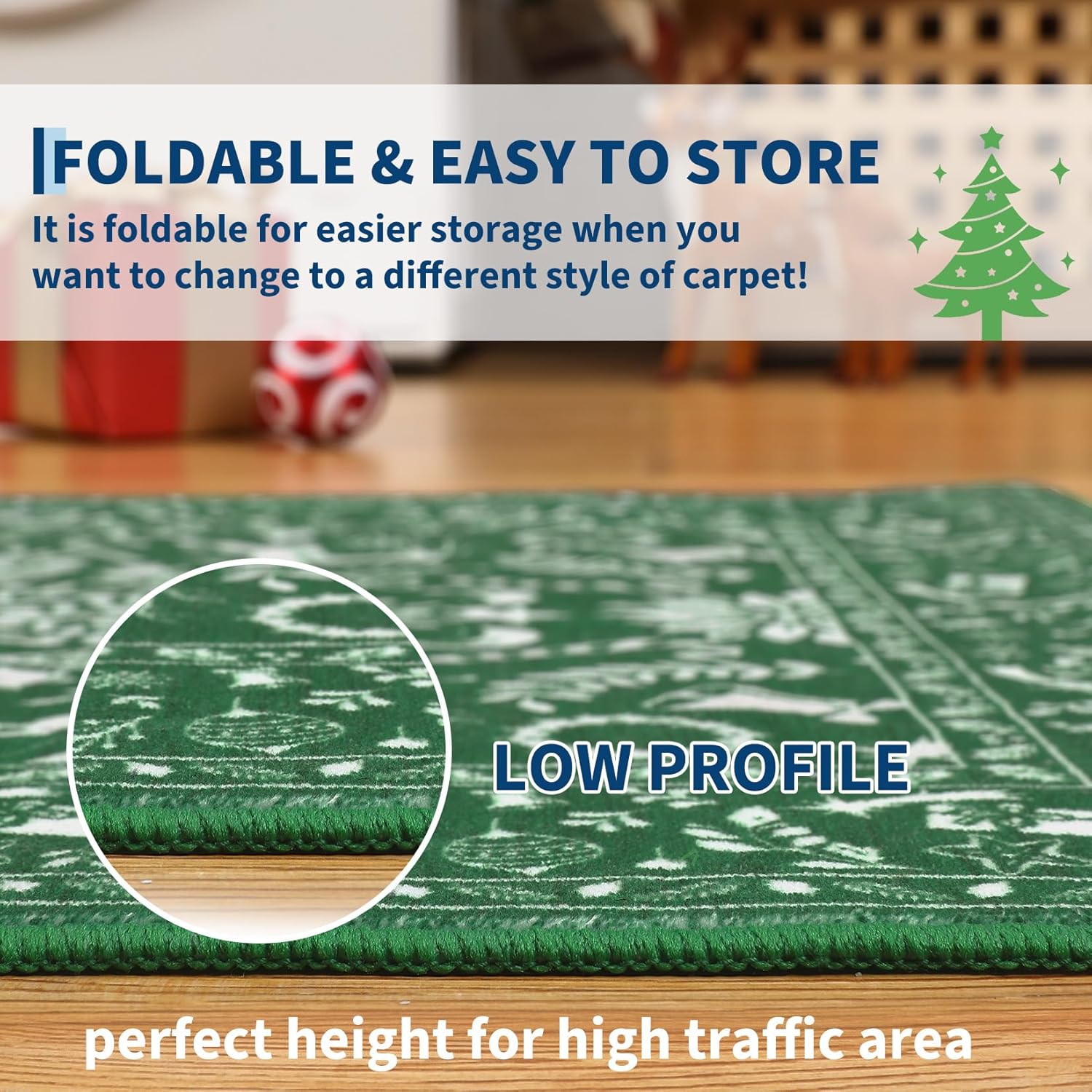 COZYLOOM Christmas Green Rug 4x6 Ultra-Soft Low Pile Throw Carpet, Non Slip Non Shed Winter Holiday Floor Mats, Easy Cleaning Decorative Accent Rug for Bedroom, Living Room, Playroom