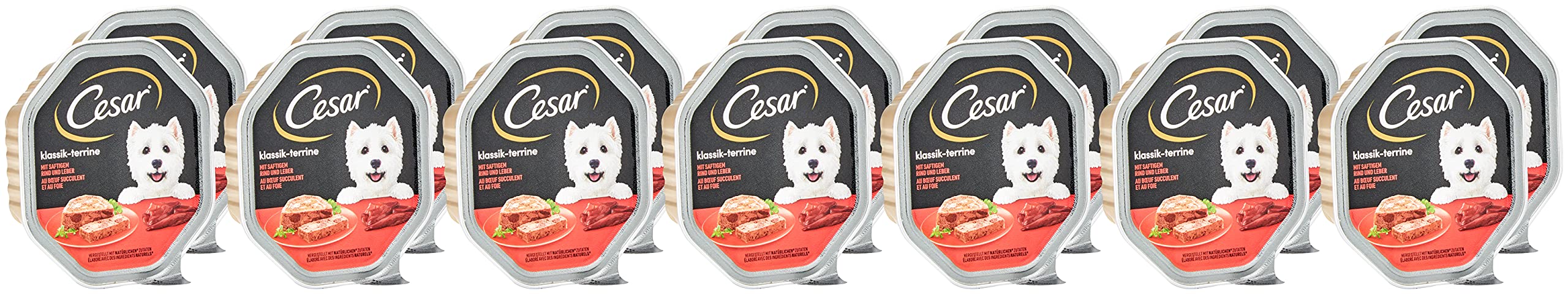 Cesar Alimento para perros para adultos, clásica, terrina con carne de vacuno jugosa e hígado, 14 cuencos, 14 x 150 g – Comida para perros premium húmeda, sin azúcares añadidos, sabores artificiales o