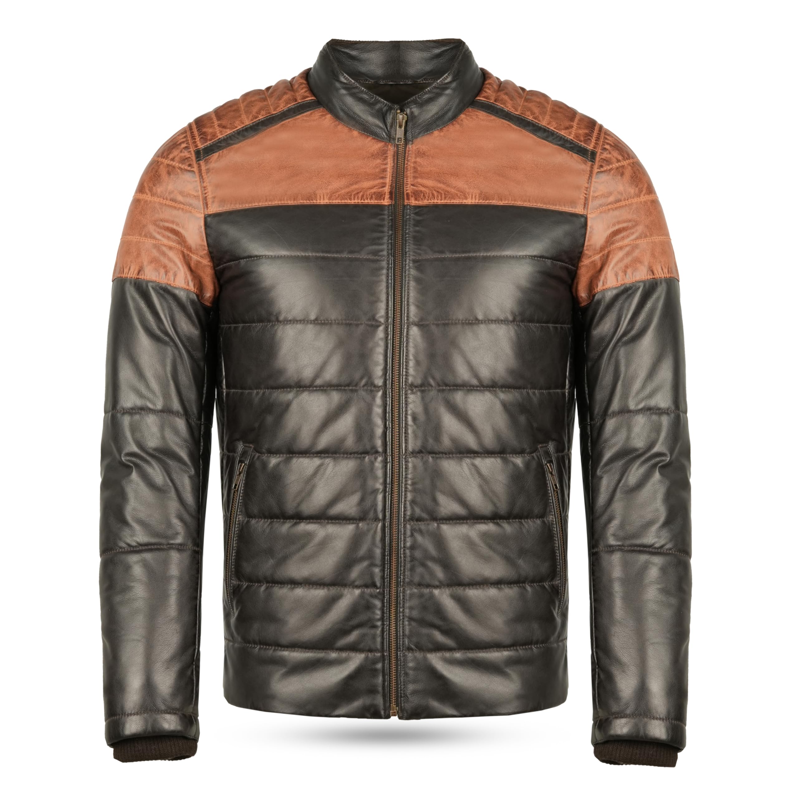 Leatherick Chaqueta acolchada bitono de piel de cordero para hombre: piel auténtica con forro aislante de burbujas, cierre de cremallera y diseño multibolsillos.