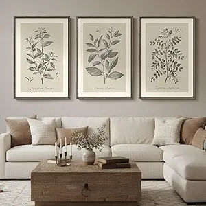 Large Framed Vintage Botanical Wall Art - 3 Piece Set, 24x36 inches