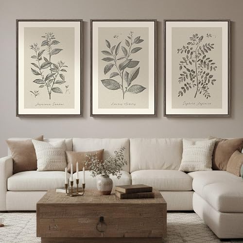 Large Framed Vintage Botanical Wall Art for Living Room, 3 Piece Rustic Farmhouse Plant Canvas Painting Prints Artwork, Neutral Natural Floral Pictures for Bedroom Kitchen Hallway Wall Decor, 24x36 In
