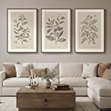 Large Framed Vintage Botanical Wall Art for Living Room, 3 Piece Rustic Farmhouse Plant Canvas Painting Prints Artwork, Neutral Natural Floral Pictures for Bedroom Kitchen Hallway Wall Decor, 24x36
