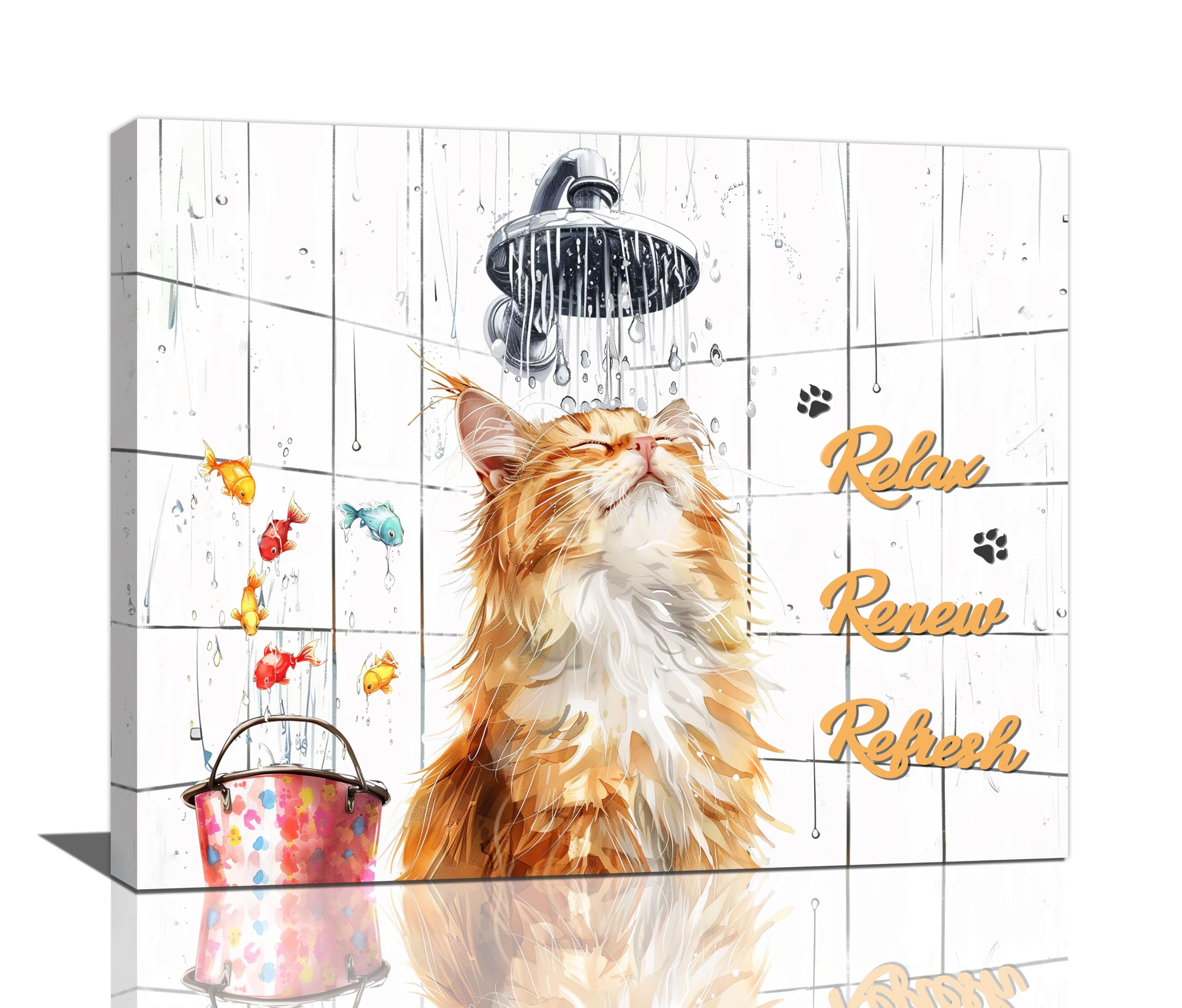 Bogosip Bathroom-Orange Cat Orange Cat Wall Art Cut Cat In Shower Pictures For Wall Decor Bathroom Quotes Sign Canvas Print Painting Colorful Fish Modern Framed Artwork For Restroom Toilet 20"X16"
