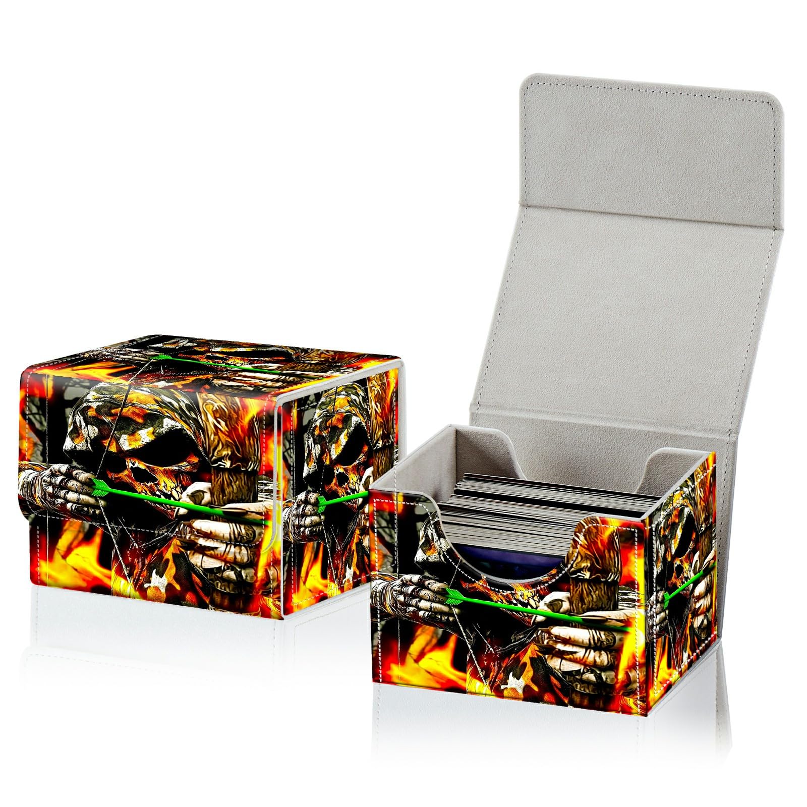 RWUTYTIUL Card Deck Box for MTG, Cards Storage Box Fits 120+ Sleeved, Leather Small Size Strong Magnetic Closing Card Case for Board Games Magic TCG CCG Baseball Collection, Skull Flame