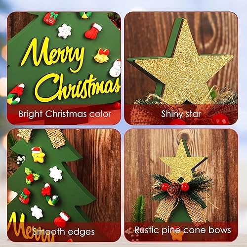 Miniatura 2 de Hedeey Árbol de Navidad de madera de 13 pulgadas con letrero de Feliz Navidad, centros de mesa con base y 10 pequeños adornos de Navidad para