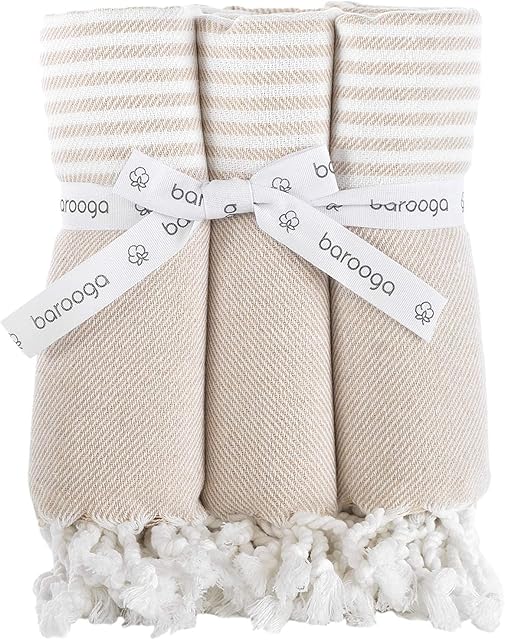 Turkish Hand Towels for Bathroom and Kitchen, 18 x 38 Inches, (Set of 3), 100% Cotton, Decorative Towel | Face, Hand, Gym, Hair, Yoga, Tea Towel, Dishcloth (Beige)
