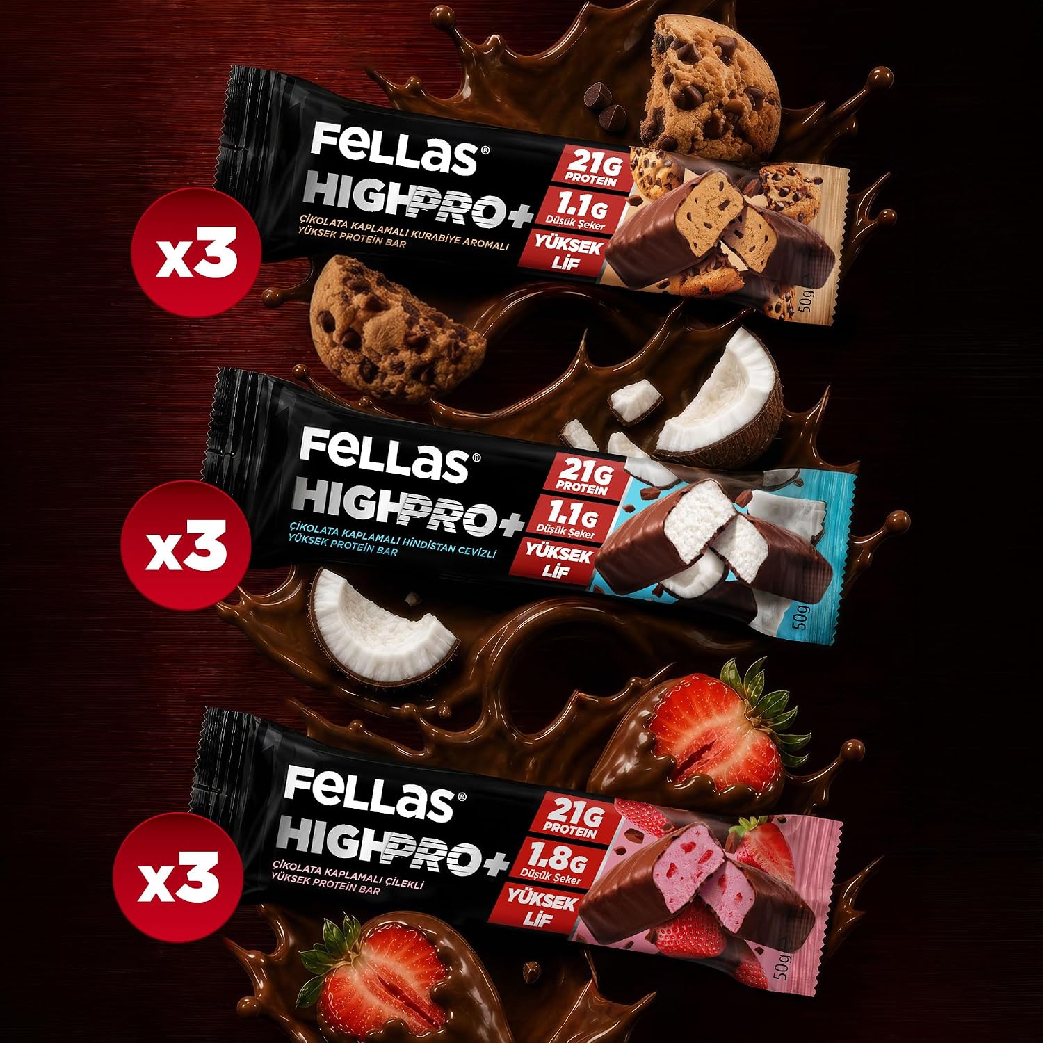 Fellas Çikolata Kaplı HighPro+ Protein Bar 50gr Deneme Paketi 3'lü
