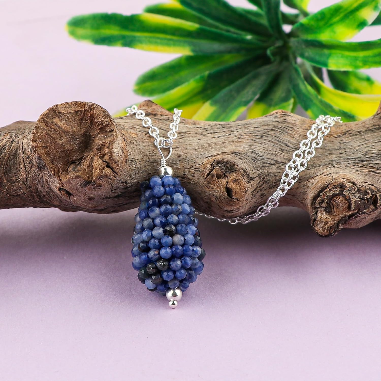 Handcrafted Crochet Beaded Pendant Necklace | Natural Sodalite Gemstone | Teardrop Design Jewelry | Adjustable Silver Chain | Lightweight Jewelry for Women | Size-18inches - Image 3