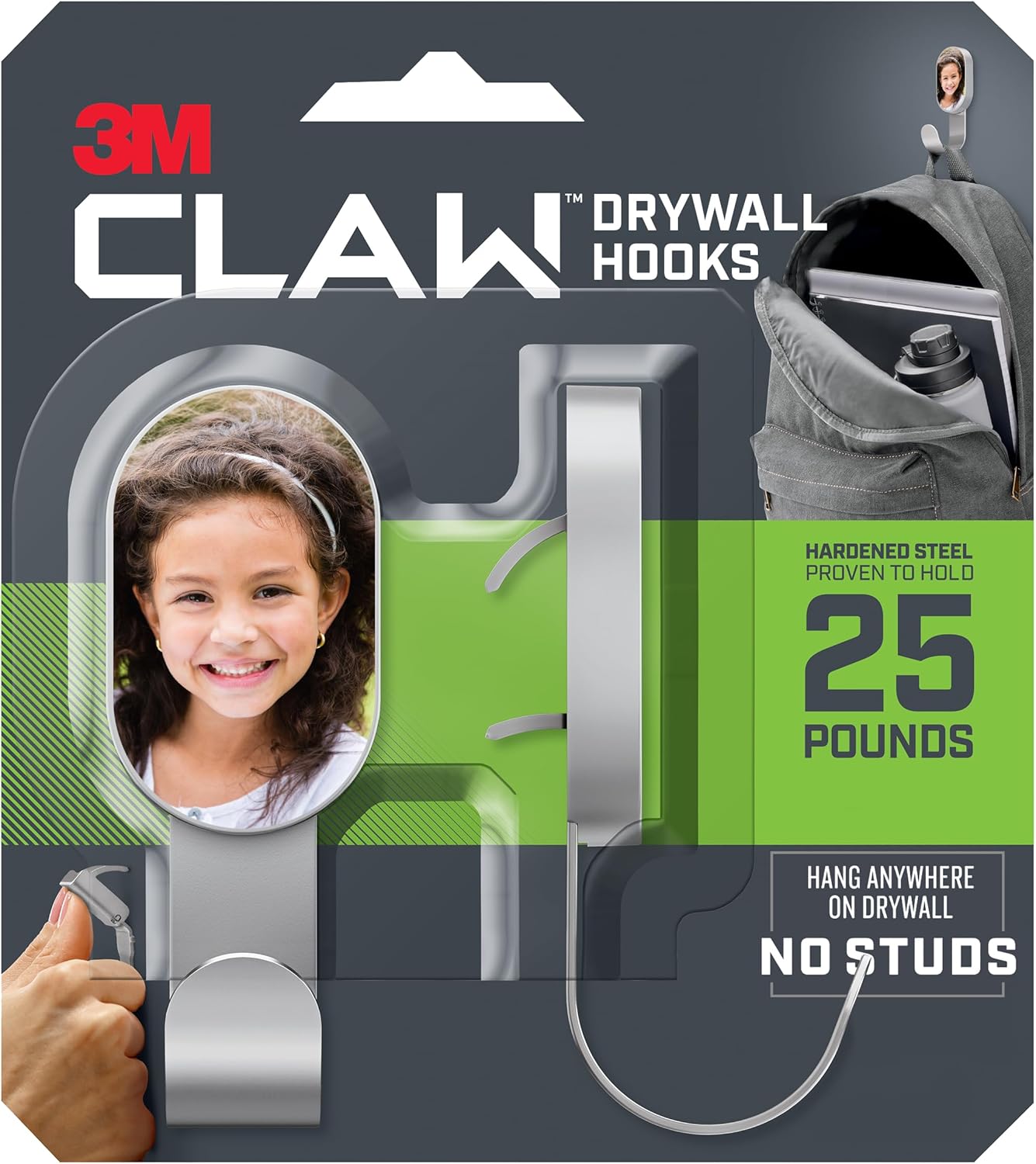 3M Claw 25 lb. Photo Frame Drywall Hooks, Gray, Great for Hanging Backpacks, Jackets, Bath Towels and Home Décor, 2 Customizable Hooks