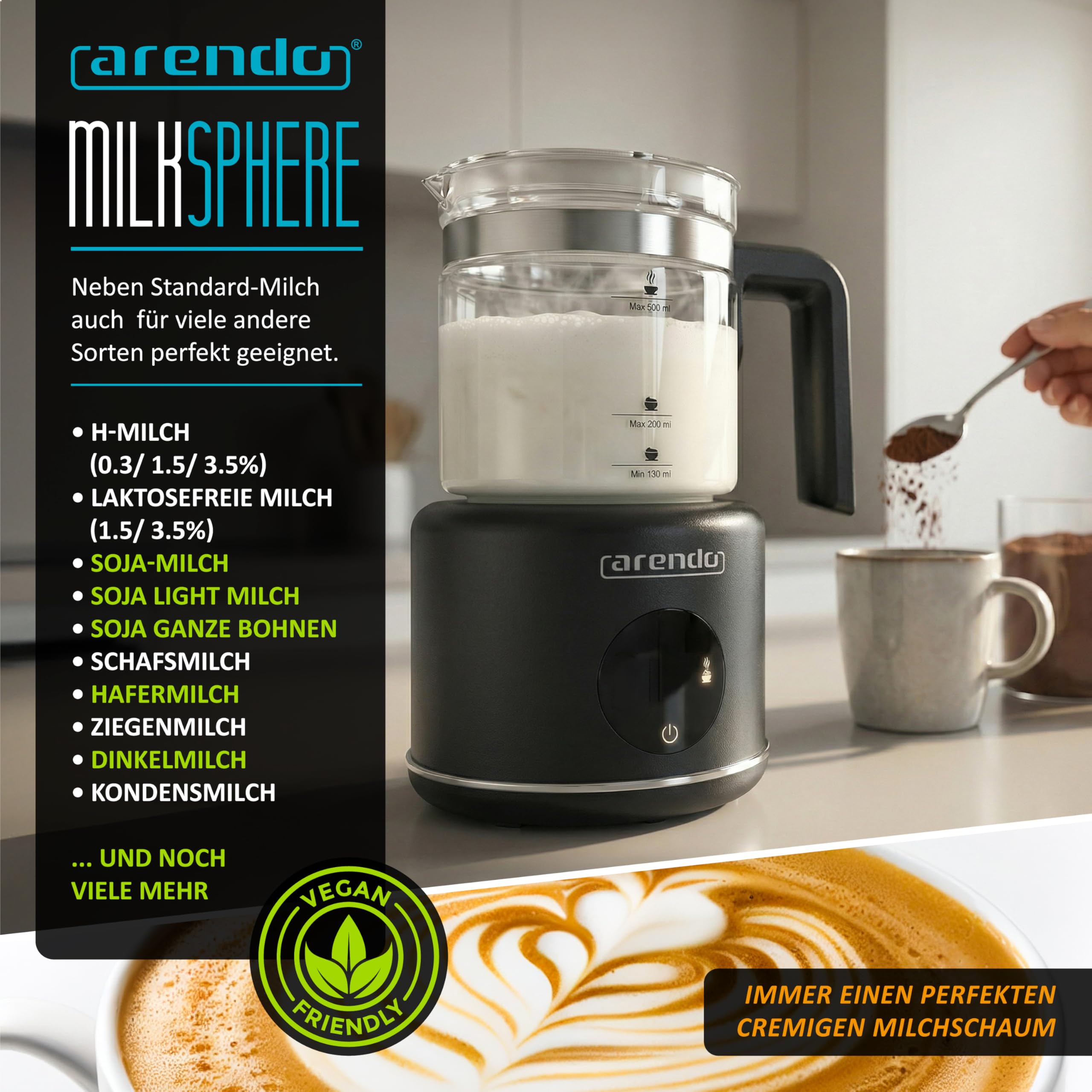Arendo – Milchaufschäumer elektrisch – 500 ml – 6 Automatikprogramme – Milchschaum für heiß und kalt – 2 Einsätze – Milchschäumer für Cappuccino Latte Macchiato heiße Schokolade