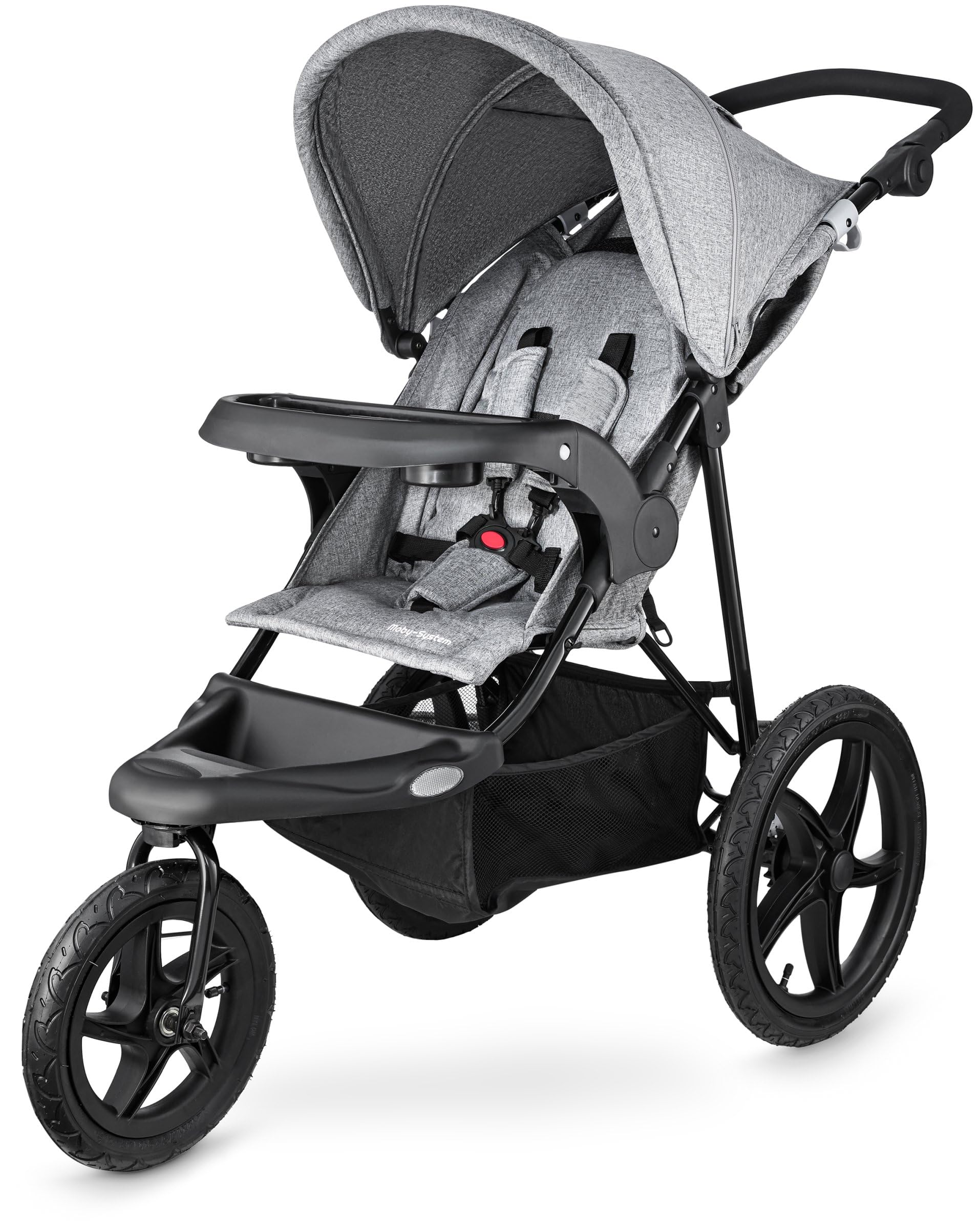 Moby-System Runner Mountain Dreirad-Kinderwagen mit Regenschutz, 5-Punkt-Gurt, Reflektoren - Kinderwagen Zubehör für Kinder bis 15 kg, Grau - Leicht Zusammenklappbar