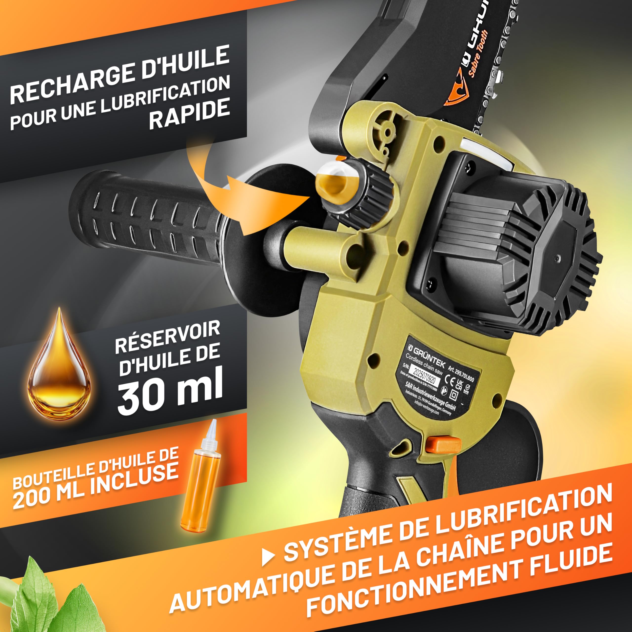 GRÜNTEK Mini Tronçonneuse à Batterie Sans Fil Brushless 21V Élagueuse Scie de Jardin Electrique avec 2 Batterie, 2 Chaînes. Kita avec accessoires de Jardin Gants et Lunettes