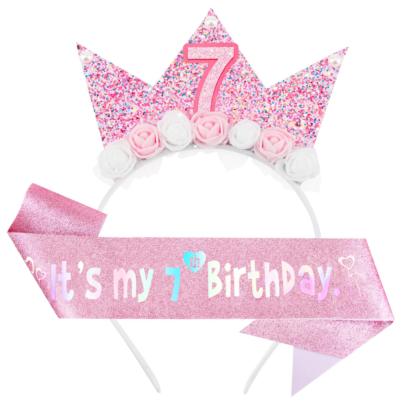 DRESHOW Birthday Sash and Tiara for Girls Princess Crown Girl Headband Happy Birthday Headpiece Glitter Hair Band Decorations
