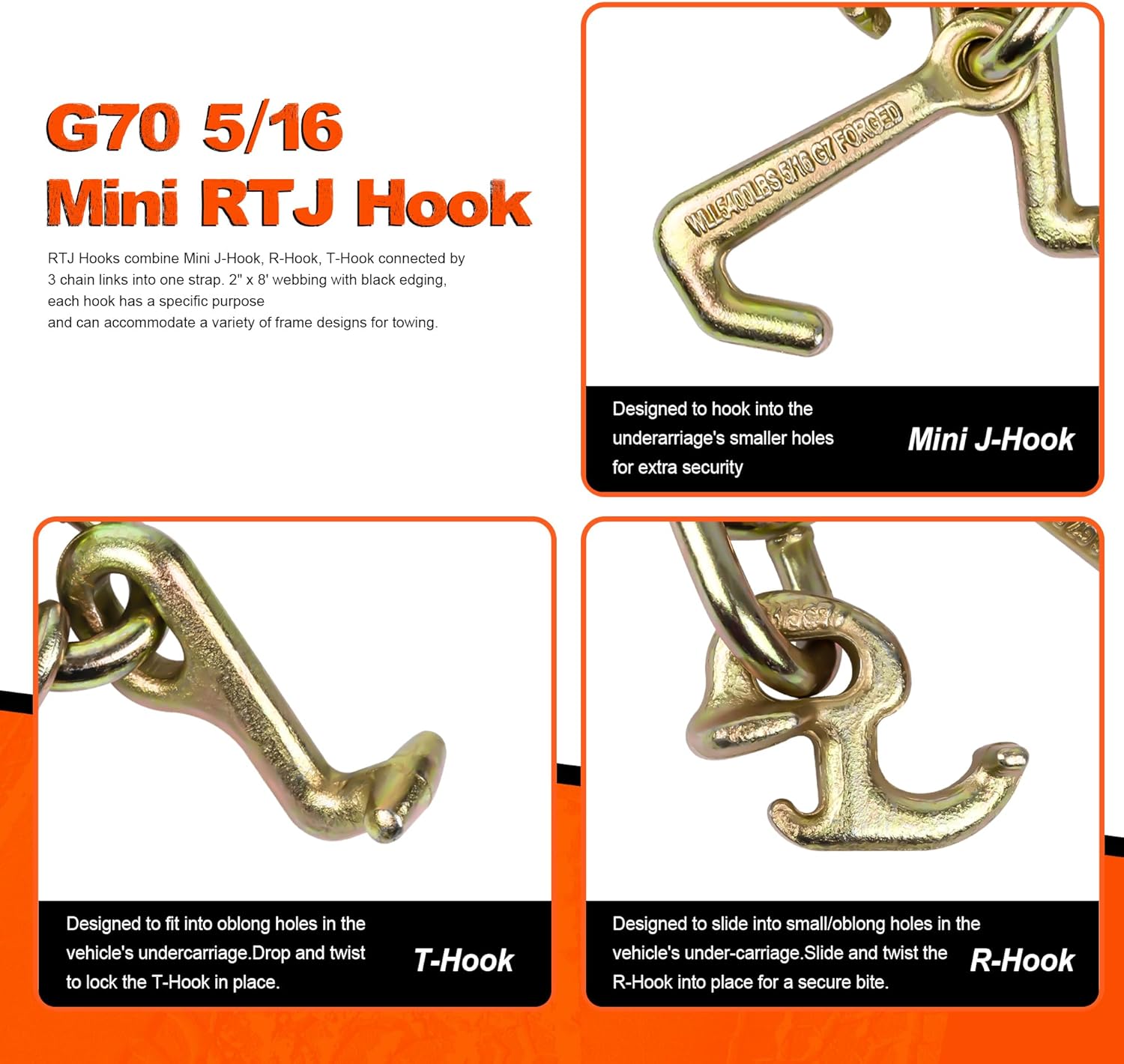 2" x 8' Strap w/RTJ Cluster Hook,4 Pack,Recovery Winch Strap,Replacement Automatic Tie Down Strap for Tow Trucks,Vehicle Wrecker tie Down Straps for Towing