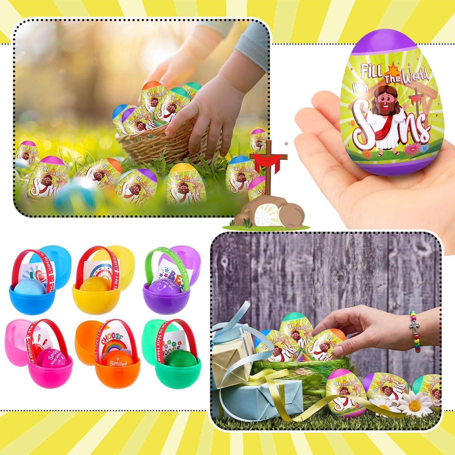 Wettarn 96 Pcs Vibrant Prefilled Religious Easter Eggs with Jesus Loves You Stress Balls Jesus Easter Stickers Bracelet and Wrapper Basket Stuffers for Sunday School Church Hunt Prizes Gifts