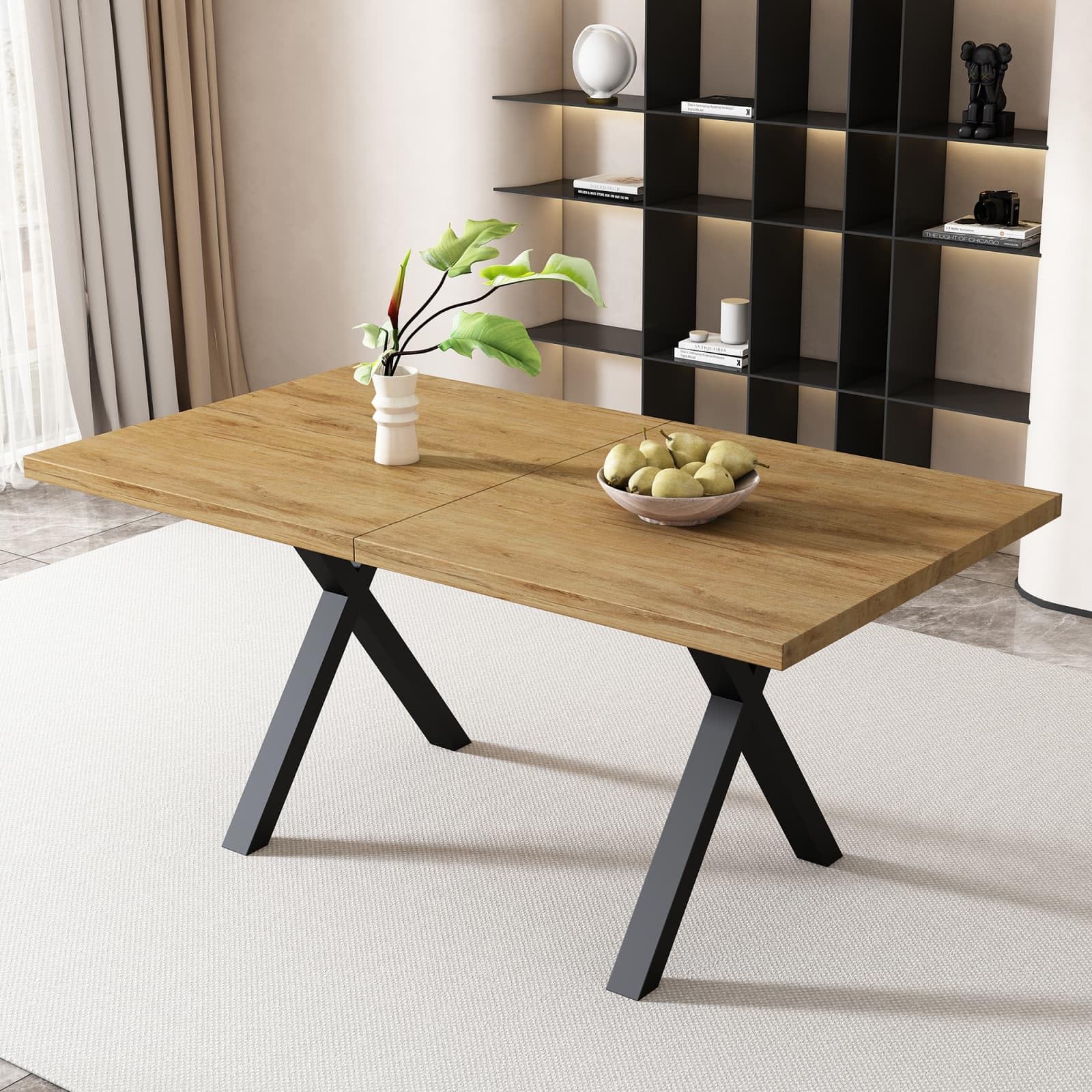 PUGSDRLY Table a Manger 140x80x76cm,Table de Cuisine avec Pieds Croisés en Métal et Plateau en MDF, Moderne Simple, pour la Salle à Manger, Cuisine (Chêne)