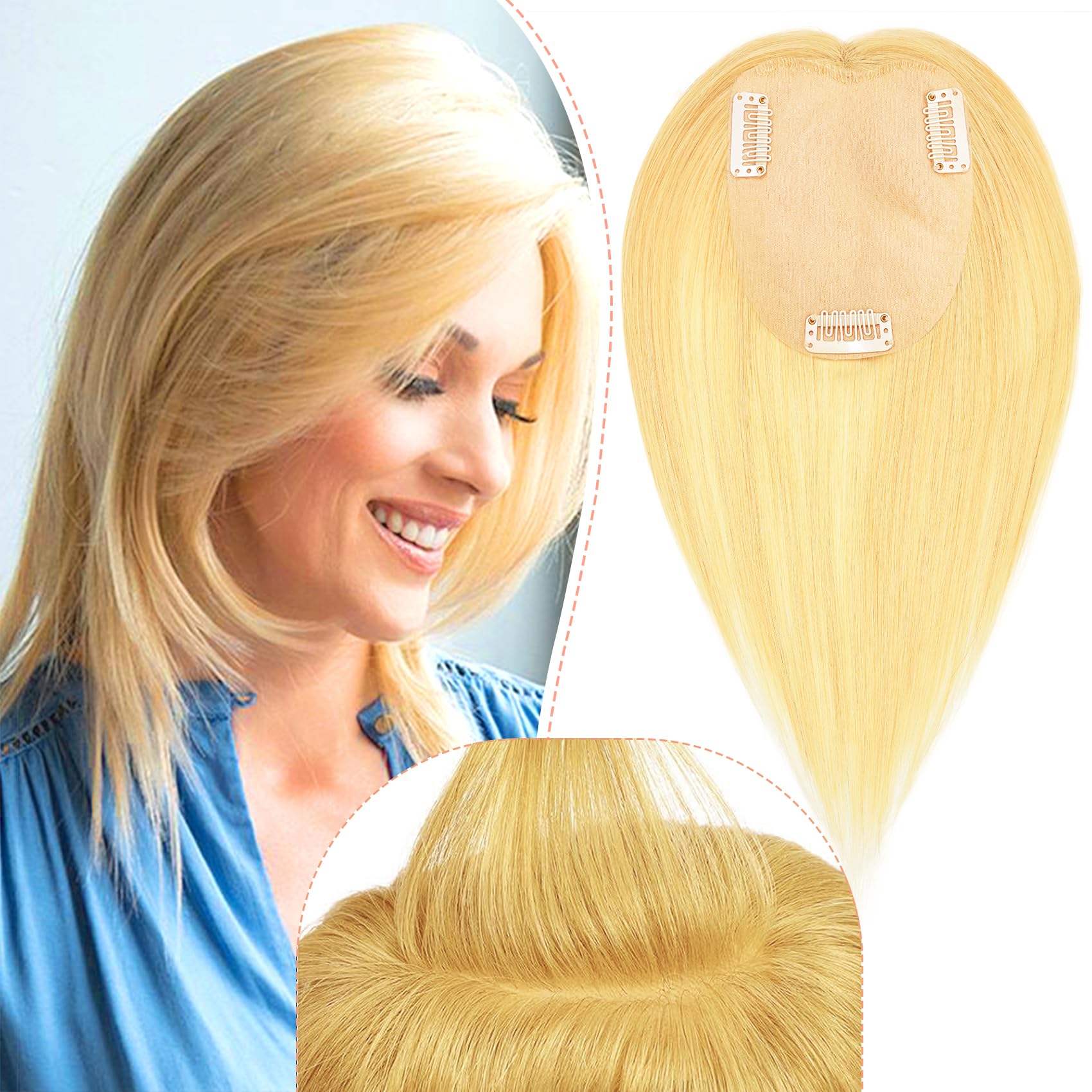 Hair Toppers for Women Real Human Hair Extensions with Thinning Hair No Bangs Wiglets Upgrade 3.9x4.7Inch Silk Base Clip ins Hair Pieces 150% Density Remy Hair Wig Topper #613 Bleach Blonde