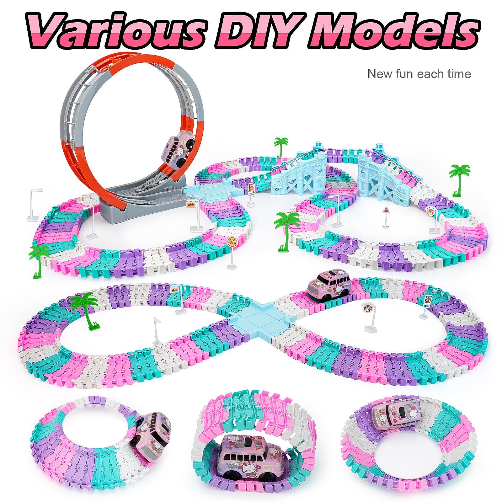 215 Pezzi Giocattolo Pista da Corsa 360° Bambini Macchinina Gatto Rosa | Flessibile Fai da Te Binari Da Assemblare, Regalo Compleanno Festa Favore Regalo Ragazzi Ragazze