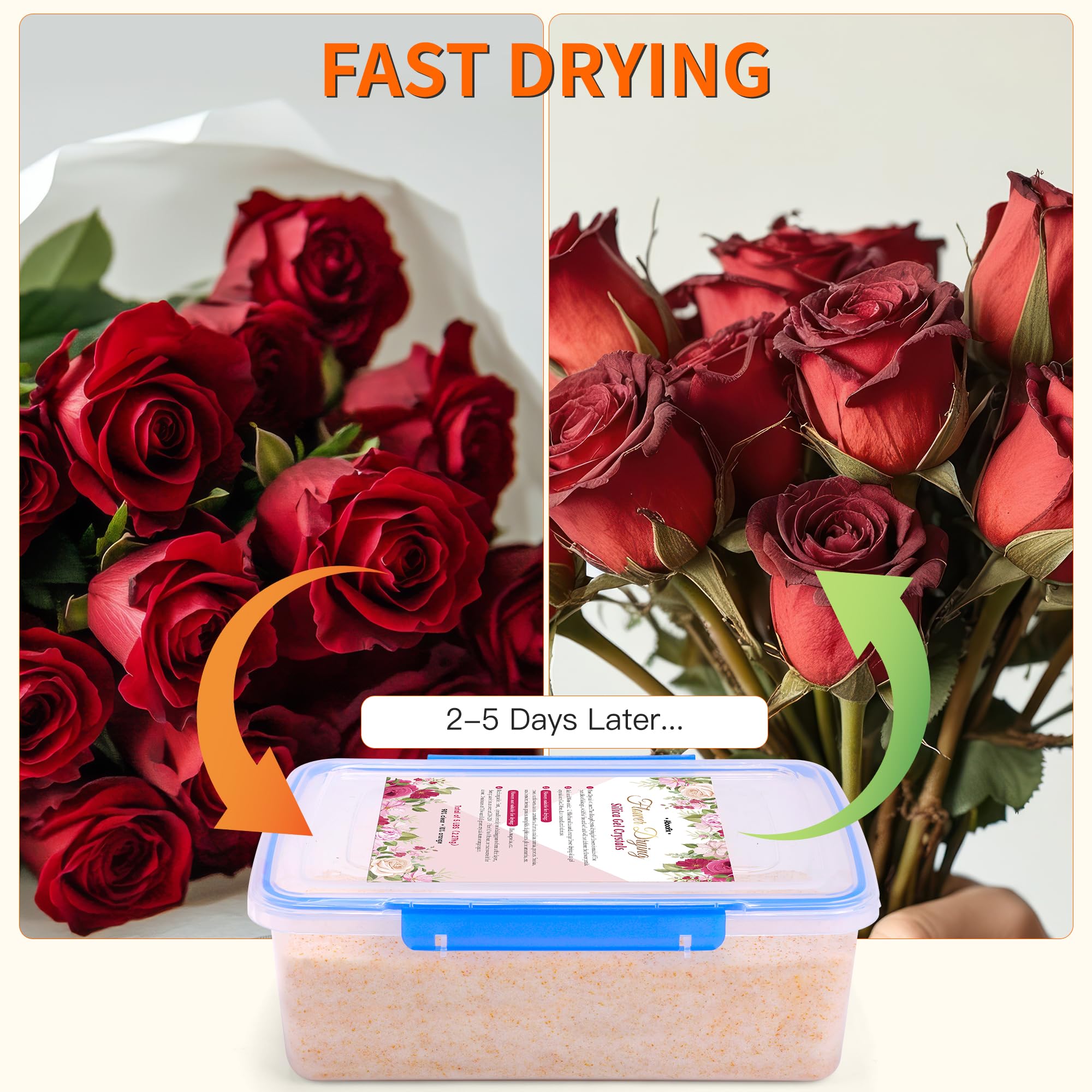 Aboofx Kit de Secado de Flores con Gel de Silice 5 lbs (2.27 kg), Cristales Reutilizables con Indicador de Color, Contenedor Hermético, Cepillo, Espátula y Guantes, Kit de Conservación DIY