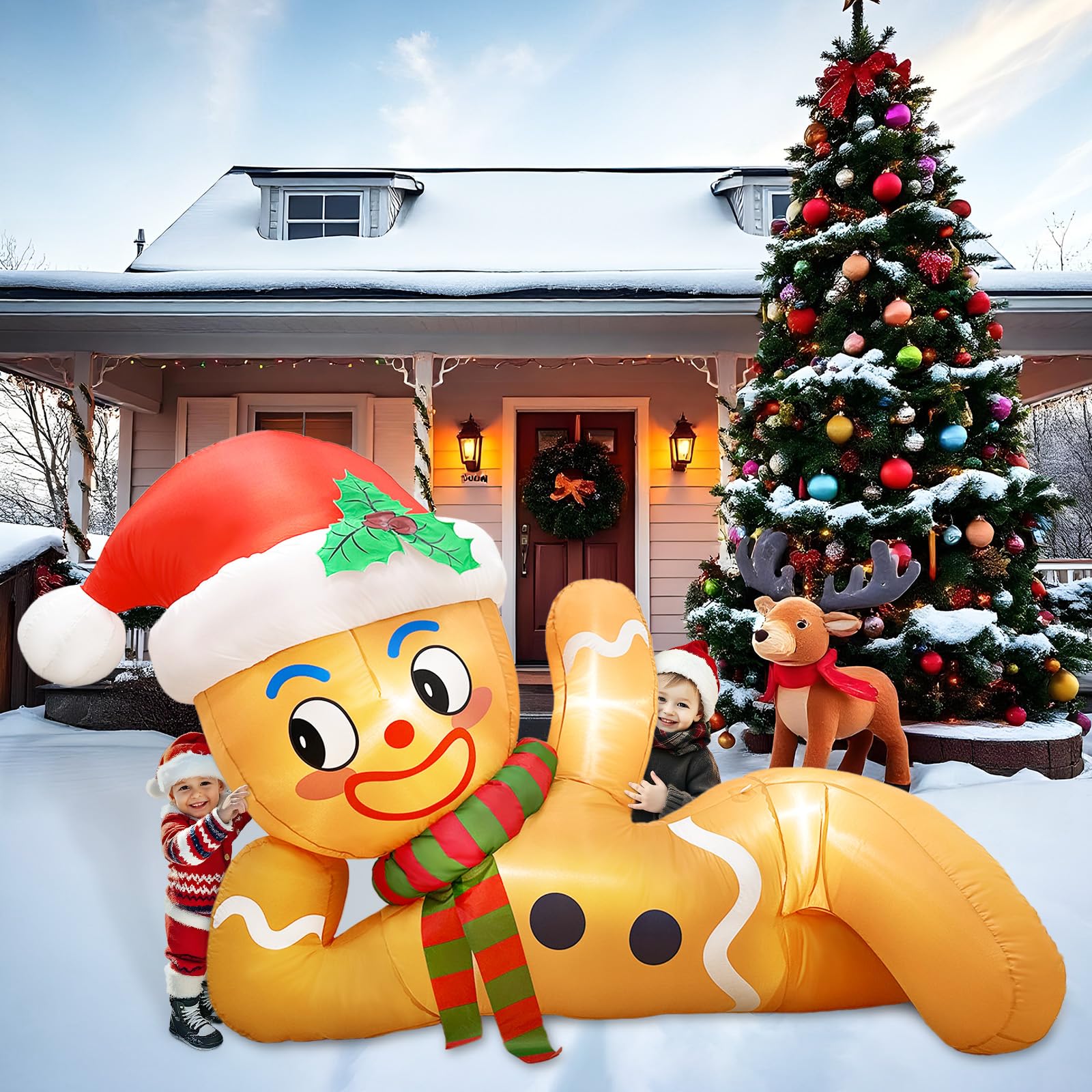 300 cm Aufblasbare Weihnachtsdeko Außen, liegender Weihnachtsdeko Aufblasbar Aussen Lebkuchenmann mit Integrierten LED Lichtern, Weihnachten Aufblasbar für Garten Rasen Hof Party Deko