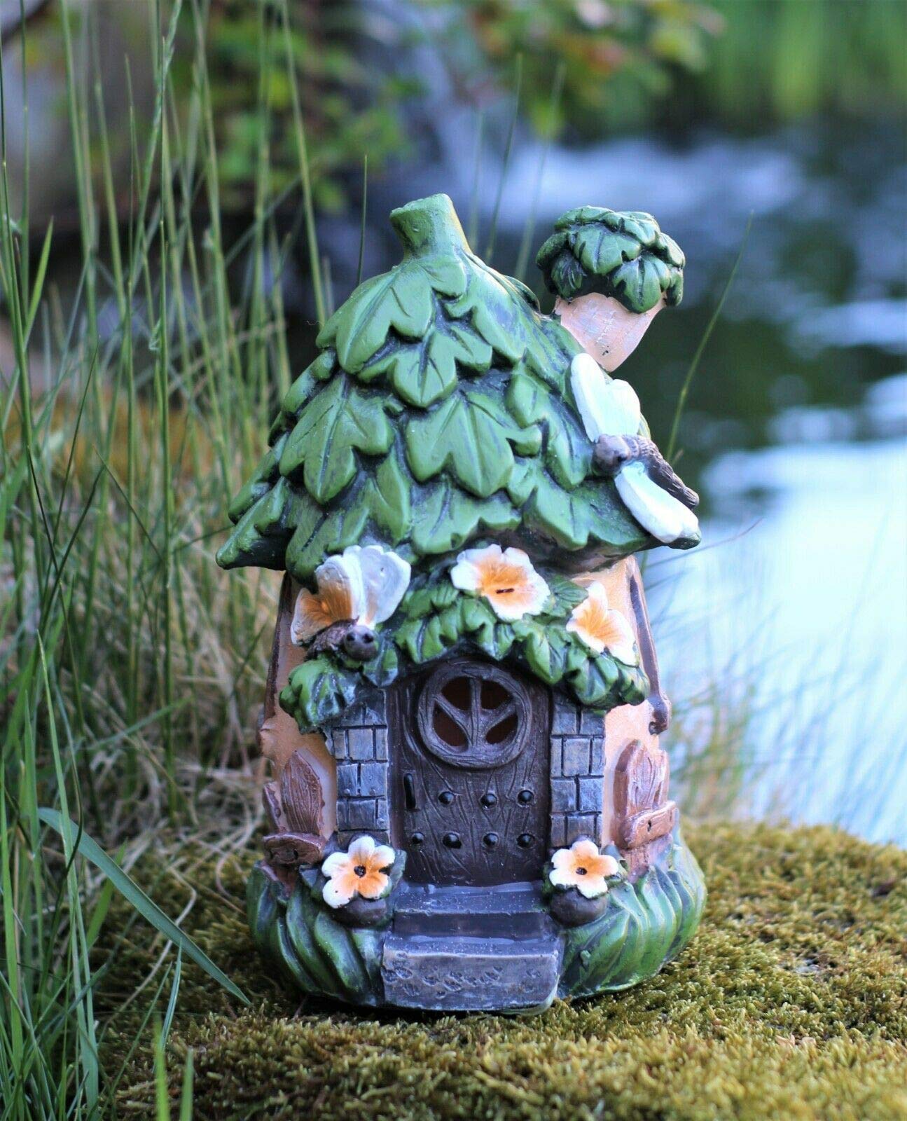 Fairy House Solar Powered secret Garden Ornament Pixie Decor Outdoor Decorative Home Light up Pathway Lawn Dragonfly Tree House Statues Figurine 22cm Tall