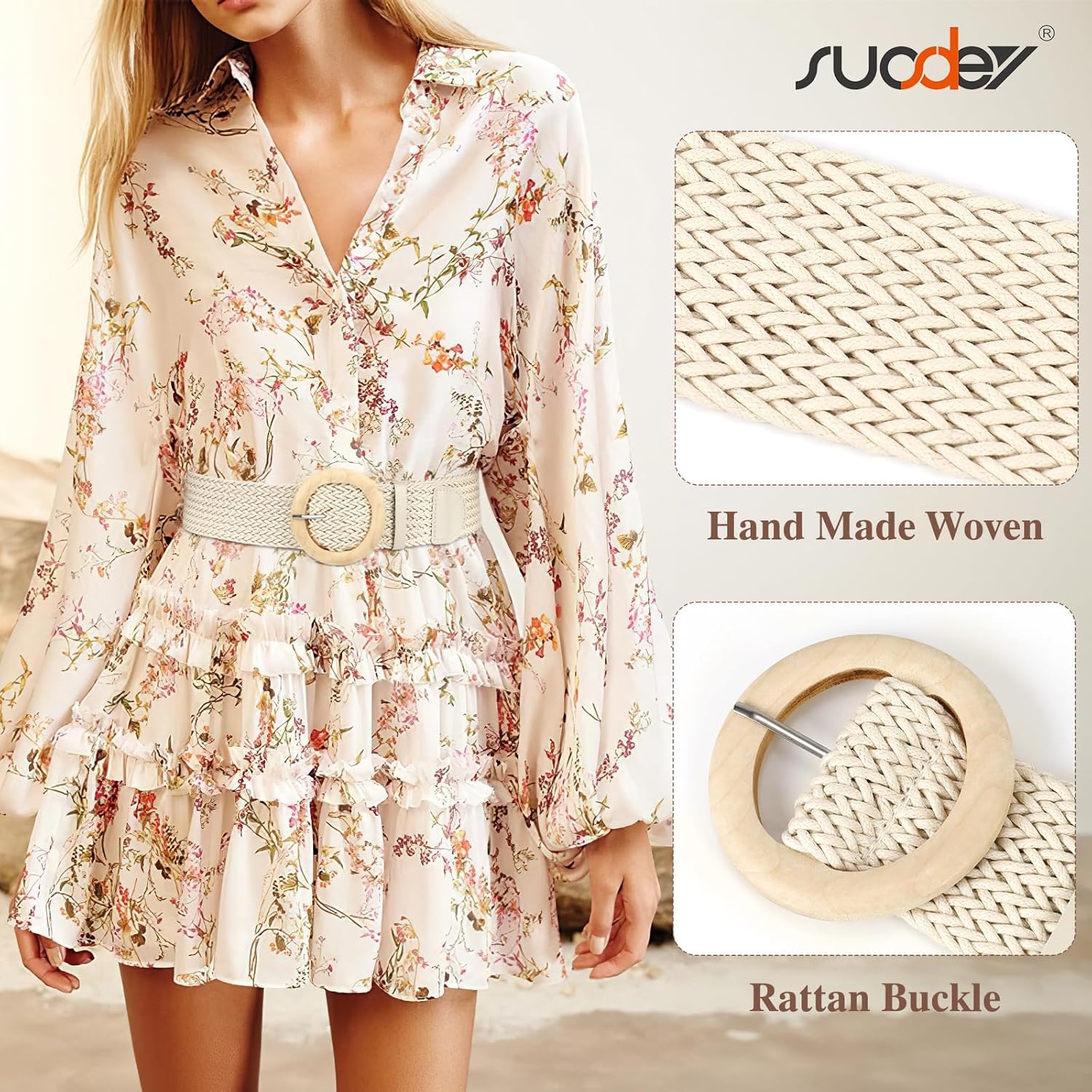 SUOSDEY Women Wide Braided Belt Rattan Waist Belt for Dress Pants Fashion Boho Belt Beige - Image 4