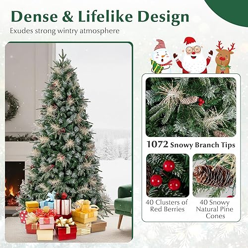Miniatura 7 de HAPPYGRILL Árbol de Navidad artificial preiluminado de 7 pies, árbol de Navidad con bisagras con 350 luces LED blancas cálidas, 8 modos, 1072 puntas