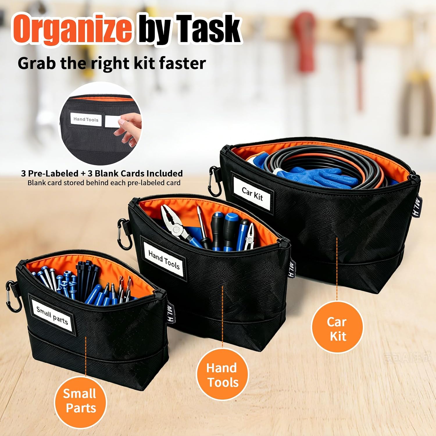 3 Pack Zipper Tool Pouches, Small, Medium, Large, Stand-Up | 1680D Oxford, 2520D bottoms, 300D hi-vis lining, PU-trimmed label windows and carabiners for garage and car trunk storage.