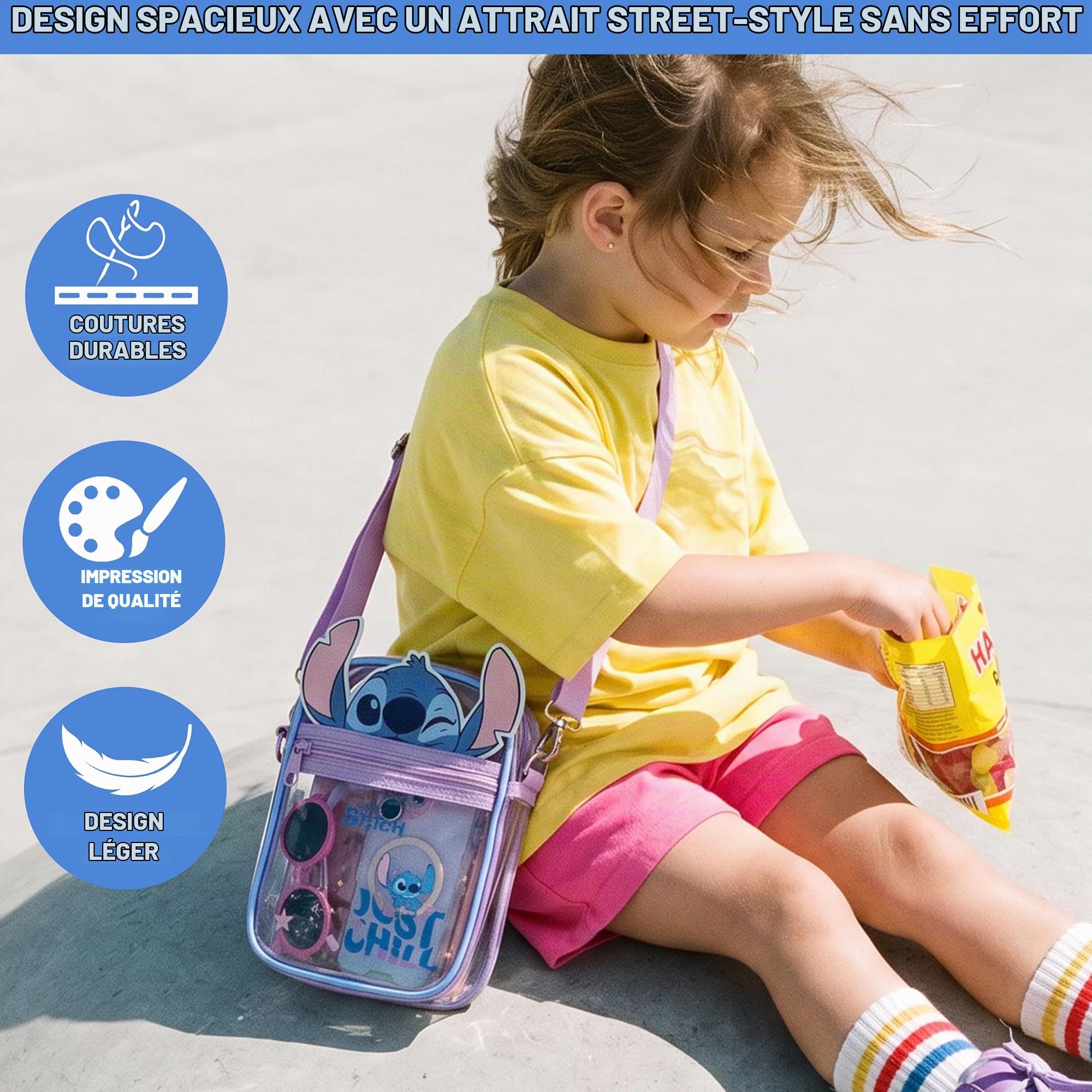 Get Trend Disney Stitch | Reine des Neiges | Minnie Mouse Sac Bandoulière Enfant Fille, Sac Transparent Fermeture Eclair et Bandoulière Réglable