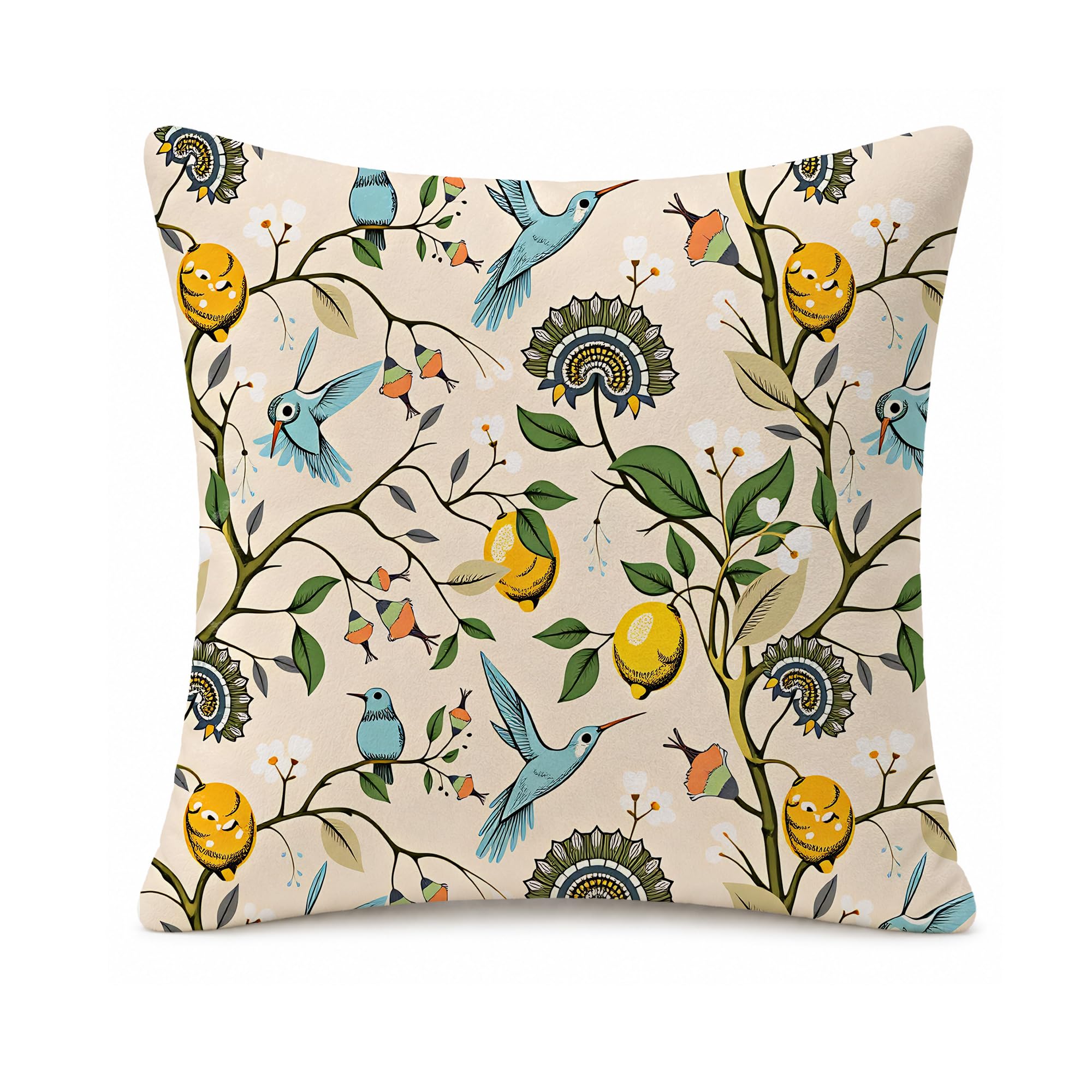 Lemon Bird Floral Cushion Covers Hidden Zipper Soft Comfortable 45x45cm