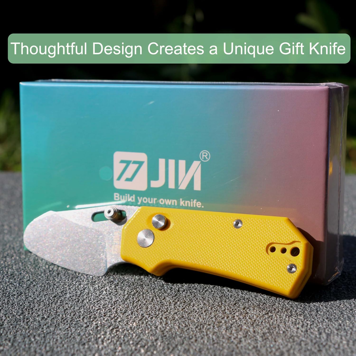 JIN Rhino Jr. Pocket Knife 1.97" Unsharpened Steel Blade Rounded Tip Kids Knife Button Lock Folding EDC Knife DIY Kit Yellow G10 Handle
