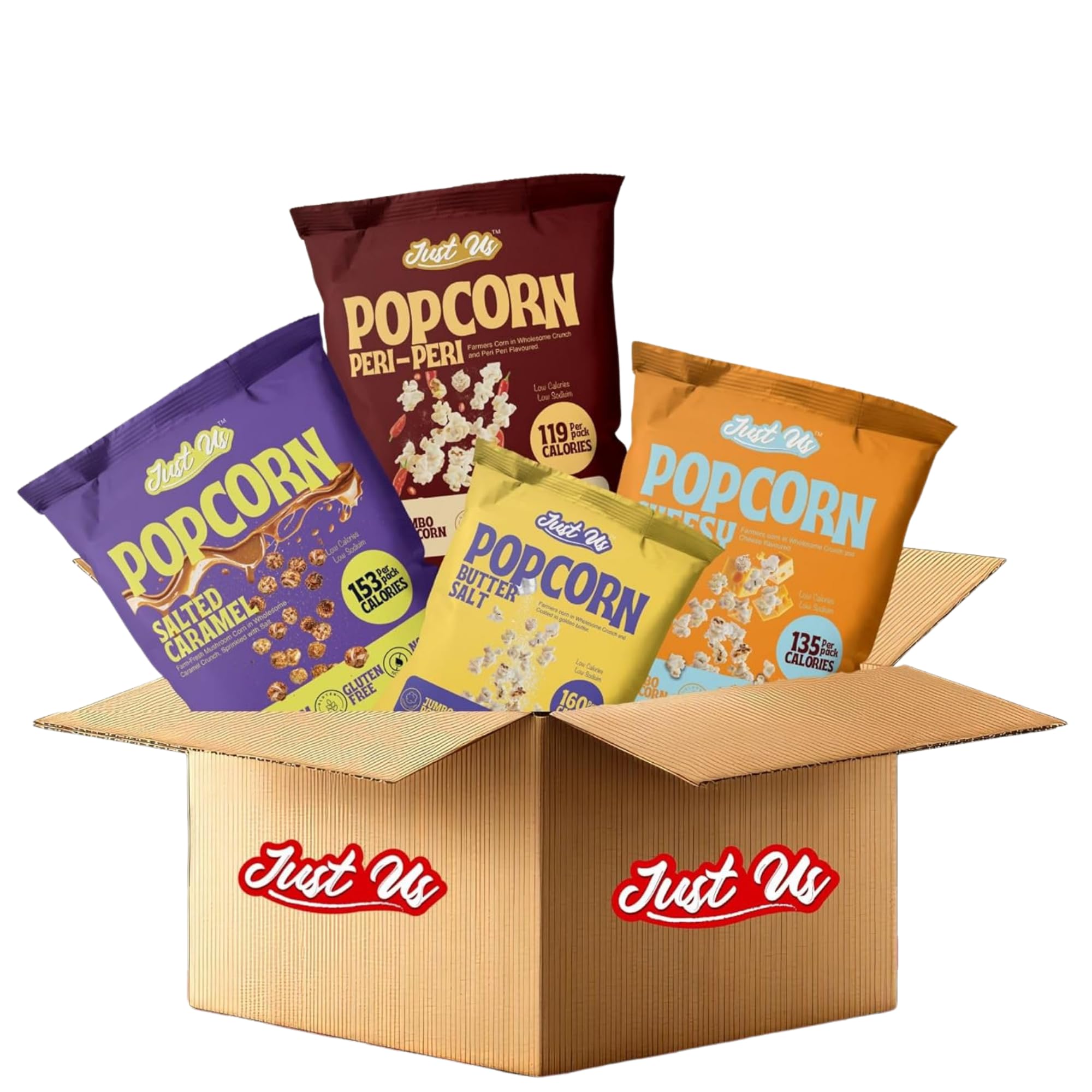 Just Us Ready to Eat Popcorn Combo Pack of 4 Peri Peri 45g, Salted Caramel 45g, Cheesy 40g & Butter Salt 40g Gluten Free Jumbo Popcorn No Palm Oil Low Calorie High Fibre Snack Combo-image-42