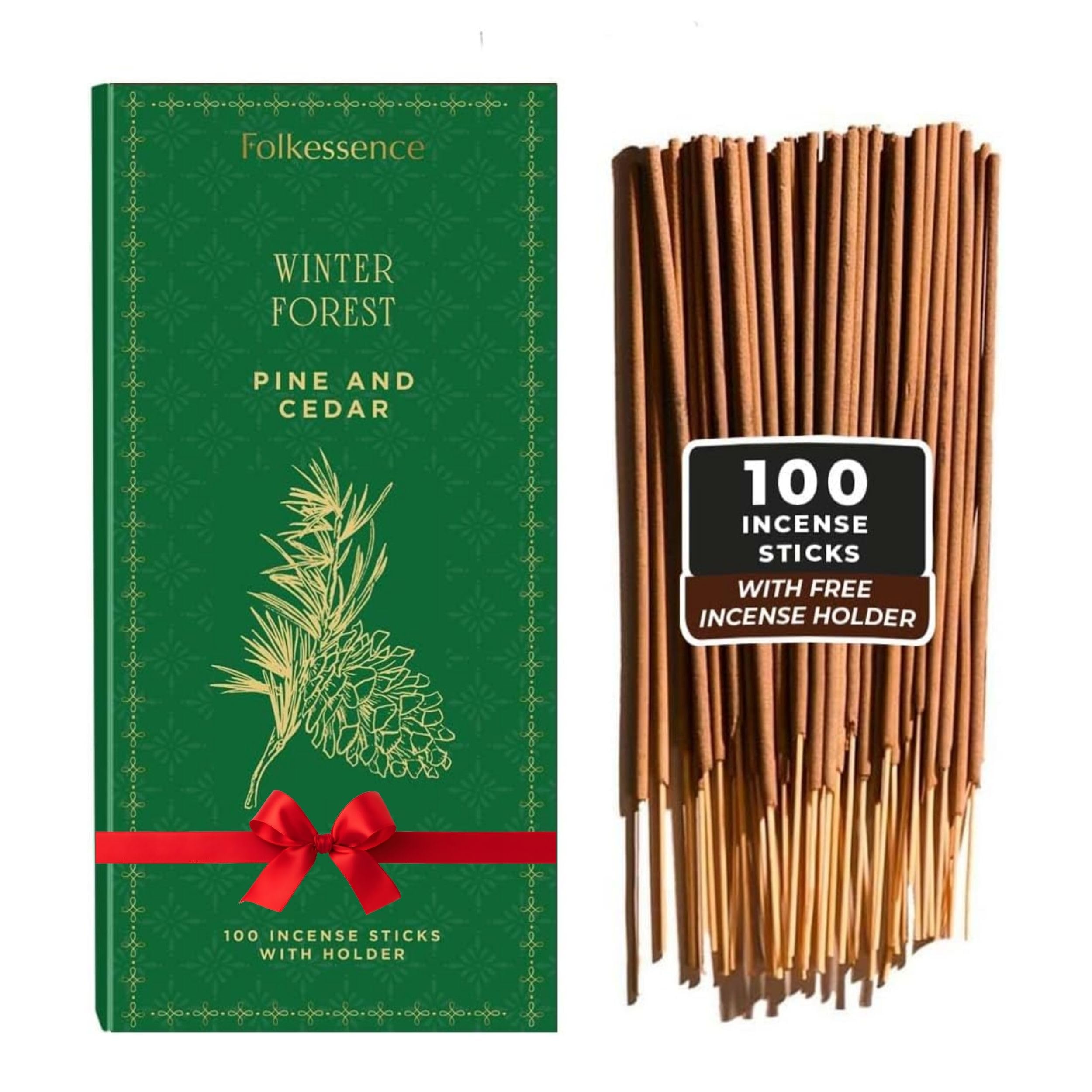 Folkulture Incense Sticks | Set of 100 Insence-sticks With Holder for Relaxation |Pine & Cedar Incense| Organic, Slow Burning & Non Toxic Inscents | Luxe Woody Fragrances for Meditation