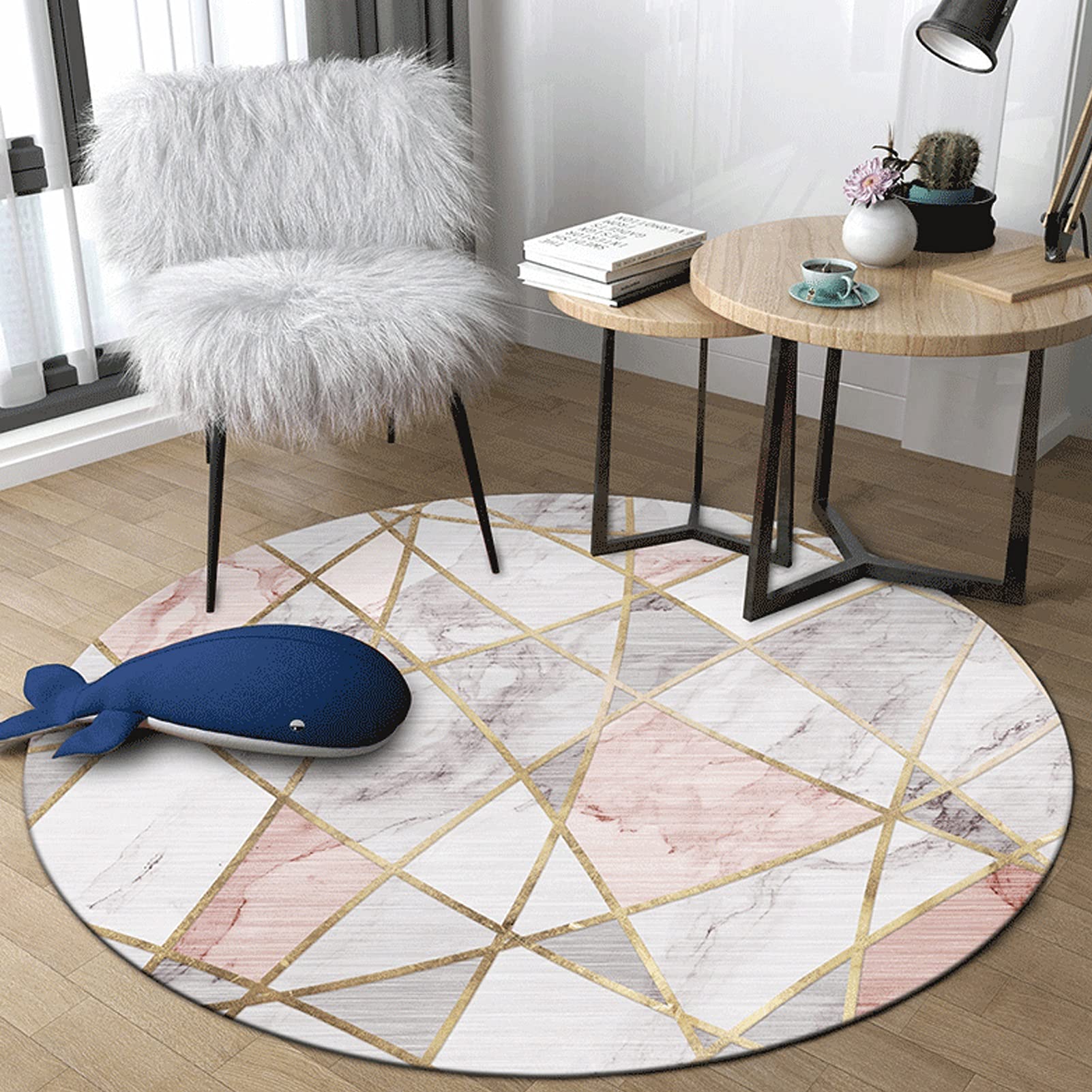Zzbbzz-Yj Pink Geometry Grey And Round Area Rugs 80Cm 100Cm 120Cm 140Cm 160Cm 180Cm 200Cm For Living Room Bedroom Playroom Circular Carpet Non-Slip Washable Floor Decor Mat ( Size : Diameter 80Cm/2.6Ft )