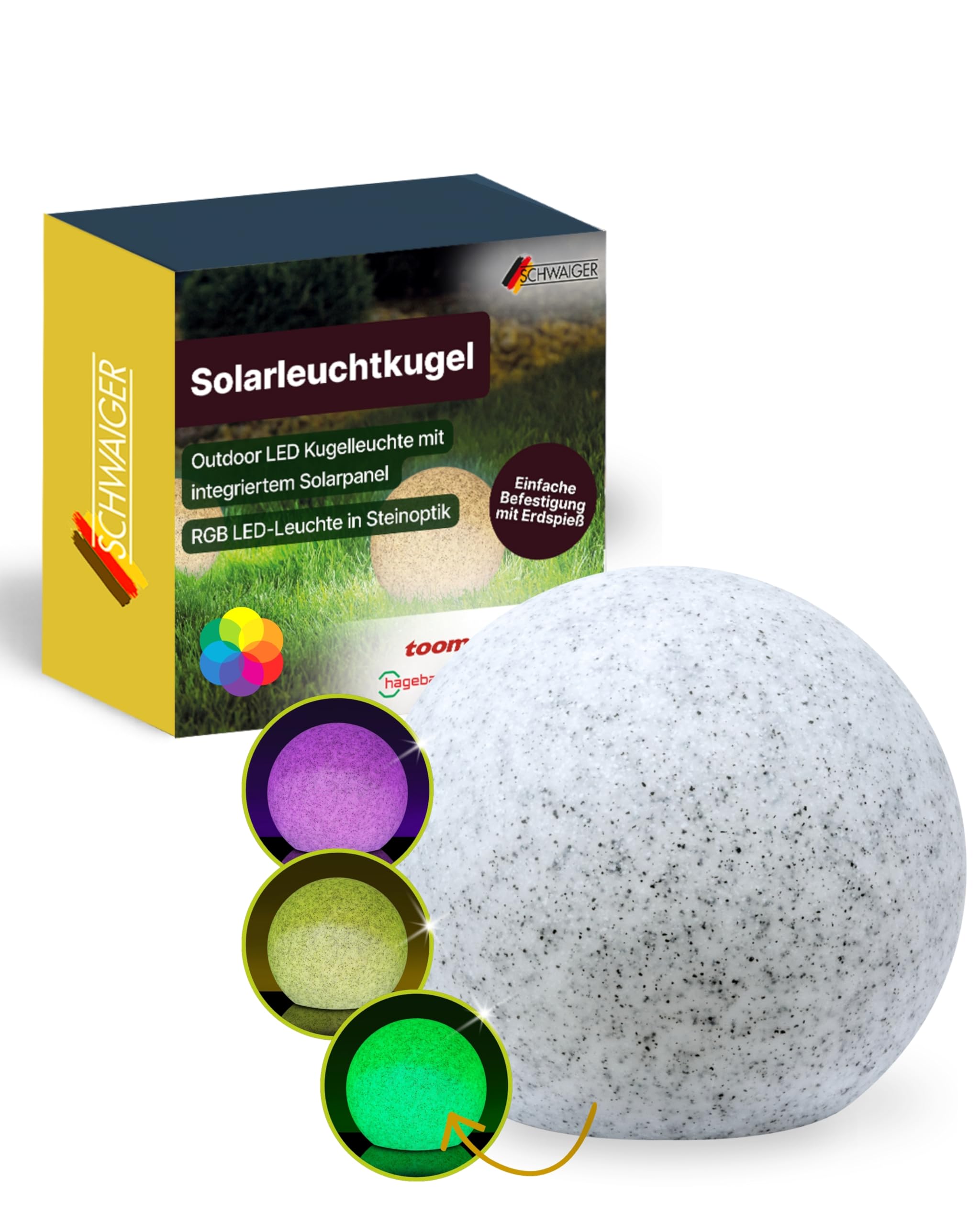 SCHWAIGER Solarleuchtkugel I 20 cm I Solarkugel für Außen mit RGB Farbwechsel I Solarleuchte mit Erdspieß & Lichtsensor I Outdoor LED Kugelleuchte in Steinoptik I IP44 spritzwassergeschützt