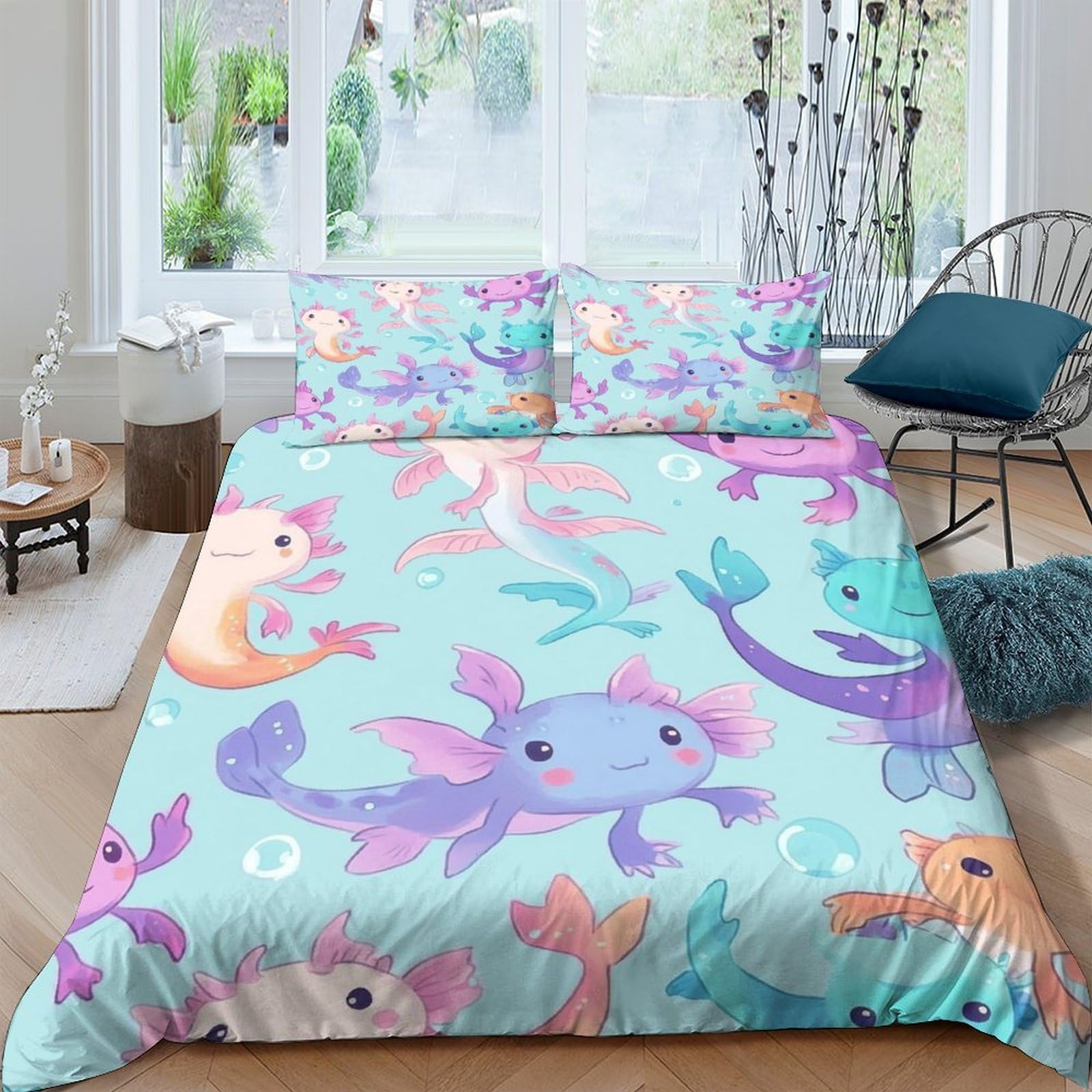 GPLZQXKJNH 3D Printed Axolotl Cartoon Duvet Cover Microfiber Soft Breathable Fantasy Animal Bedding Set with 2 Pillowcases for Bedroom Decor Single（135x200cm）