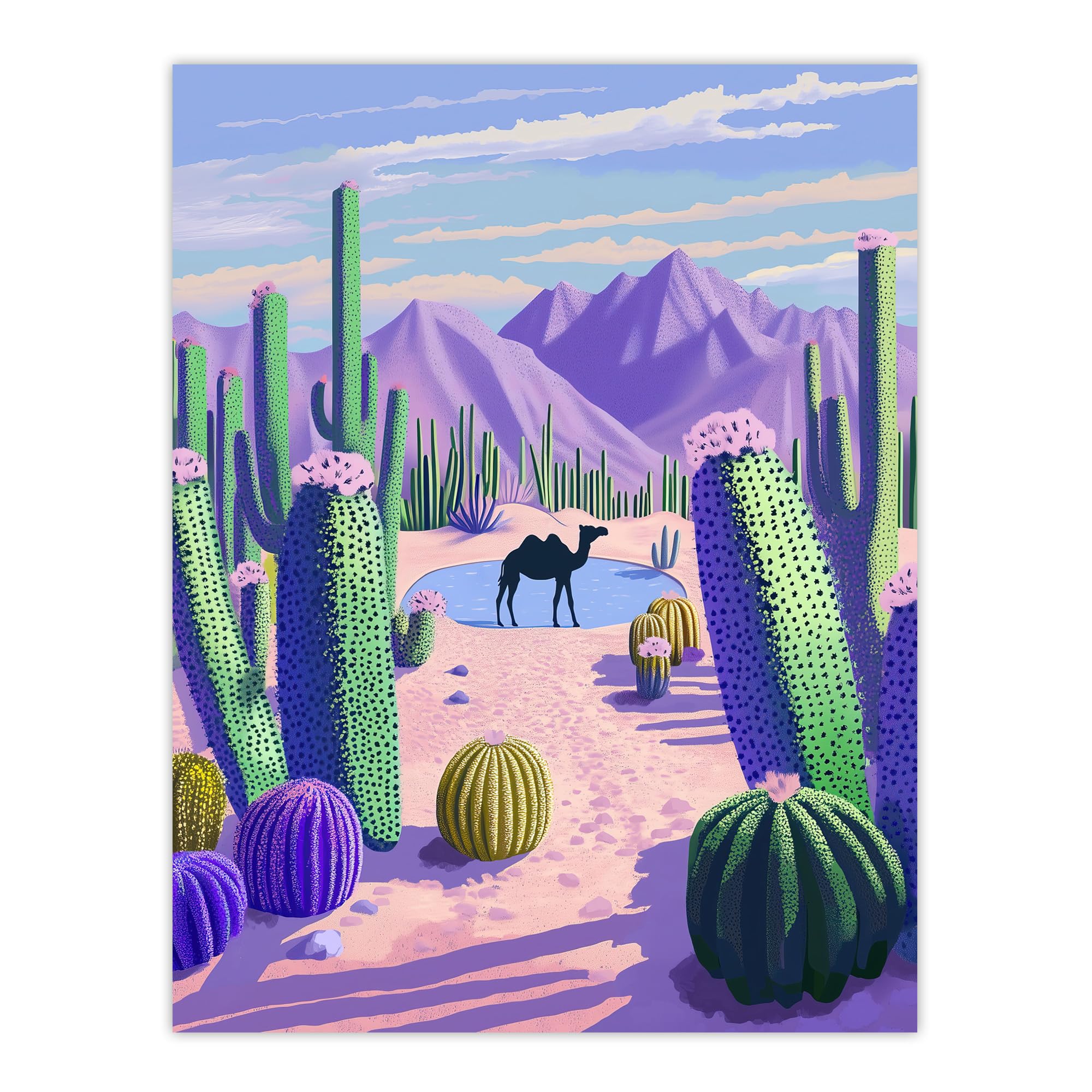 Desert Oasis Cacti Camel Purple Green Landscape Wall Art Print - W24 inch x H32 inch
