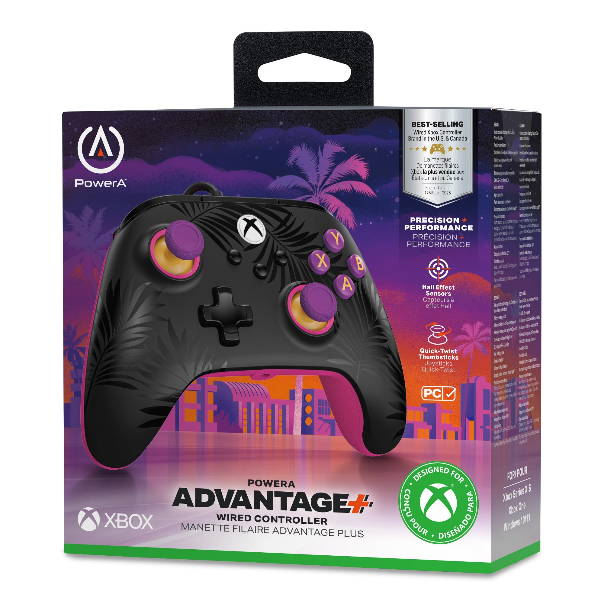 Kontroler przewodowy PowerA Advantage Plus do Xbox Series X|S - Księżycowe palmy, oficjalna licencja, regulowane drążki, drążki z efektem Halla, mapowalne przyciski, Xbox One i Windows 10/11