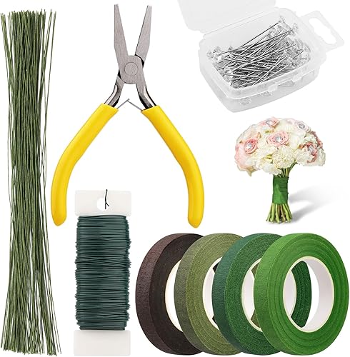 Kit de herramientas de cinta floral y arreglo de alambre floral con cinta floral verde y alambre floral, cinta floral verde, alambre de paleta de