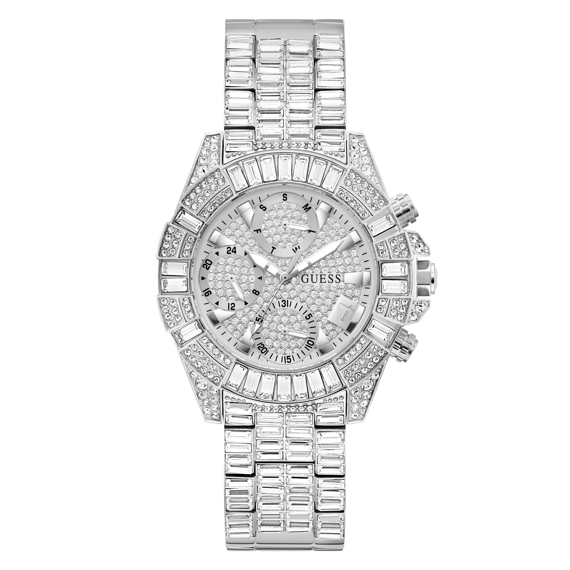 Guess Iconic 40TH Damen Armbanduhr mi Zirkonia in der Farbe Silber mit Armband aus Edelstahl, Wasserdichtigkeit: 5 bar, Gehäusedurchmesser: 40 mm, GW0812L1