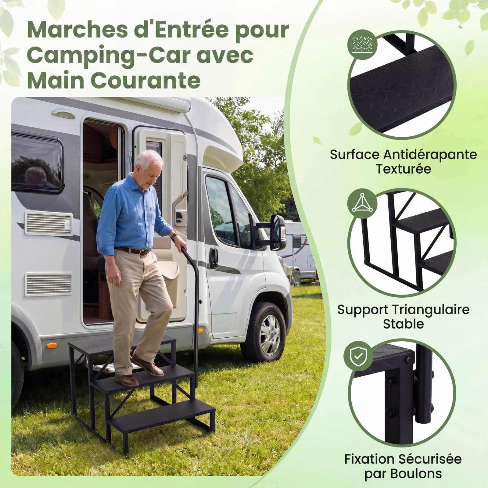 GYMAX Marchepied de Camping-Car à 3 Marches, Escalier en Métal avec Main Courante, Large Plateforme Antidérapante, Capacité 300 kg, pour Entrée, Sortie, Caravane, Remorque