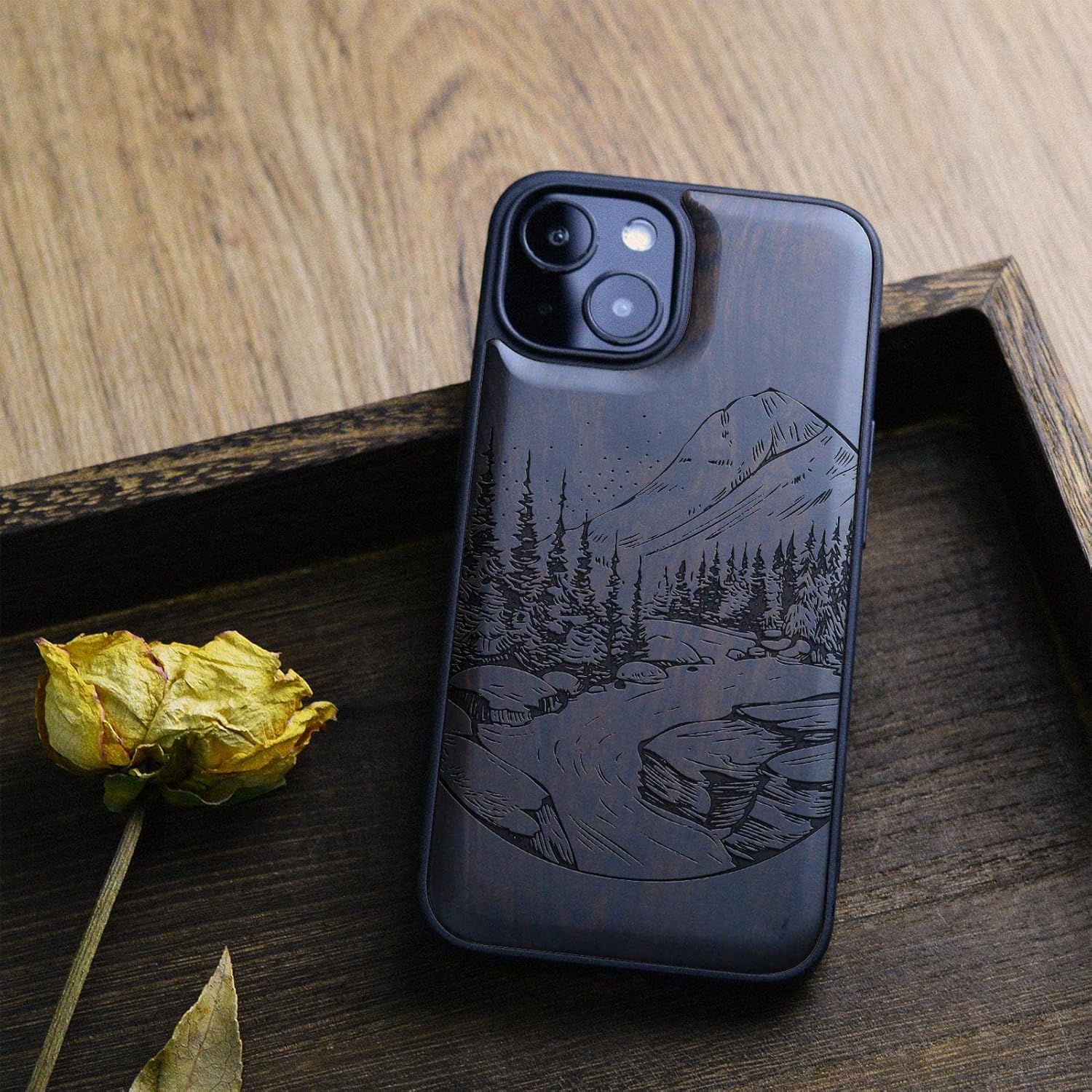 Carveit Magnetic Wood Case for iPhone 13 Mini Case [Natural Wood & Black Soft TPU] Unique Wooden Shockproof Protective Cover Compatible with magsafe (Natural Landscape -Blackwood)