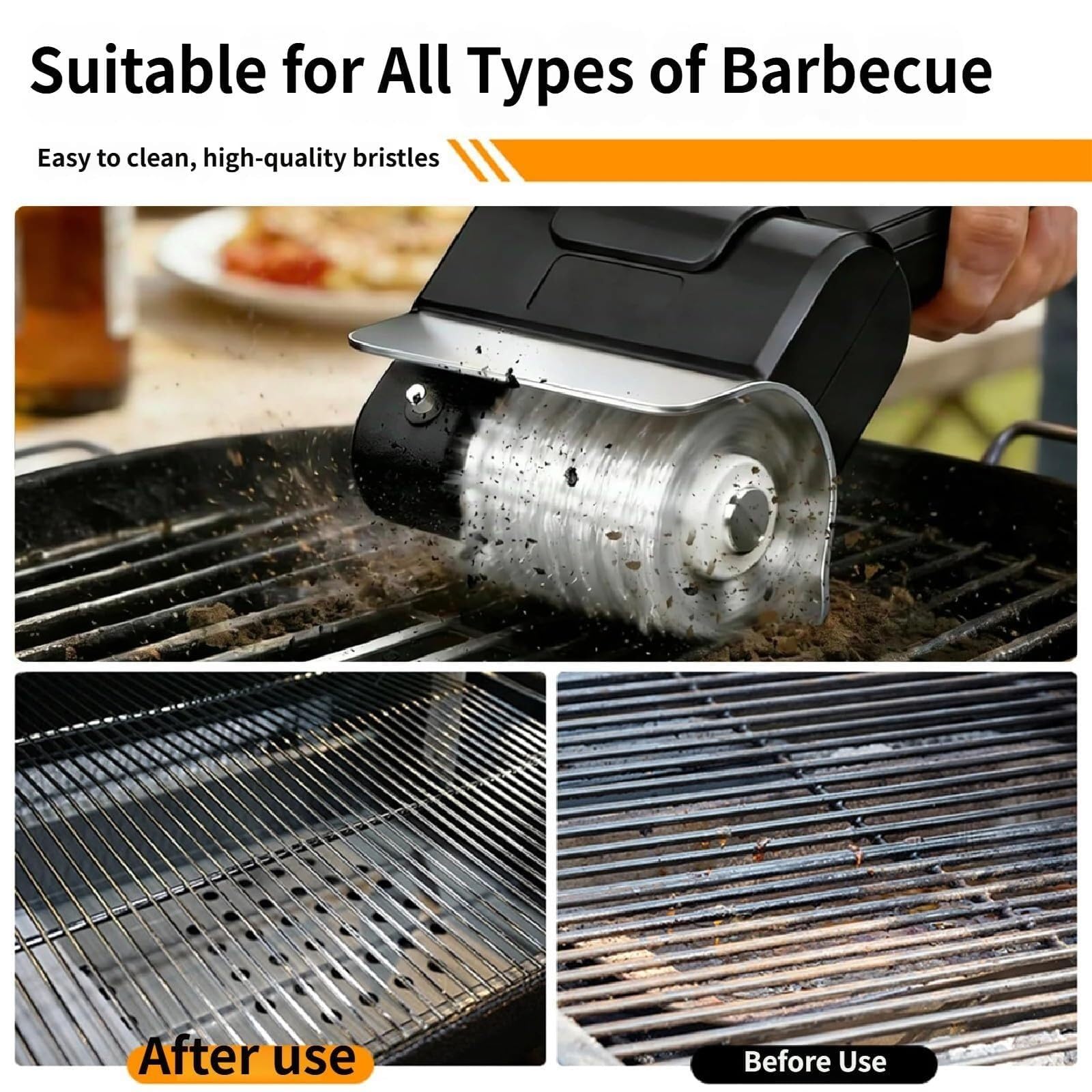 Cepillo limpiador de parrilla inalámbrico, cerdas de acero inoxidable resistentes, mango ergonómico, 1100 RPM para una limpieza eficiente del ahumador y la parrilla, fácil de usar