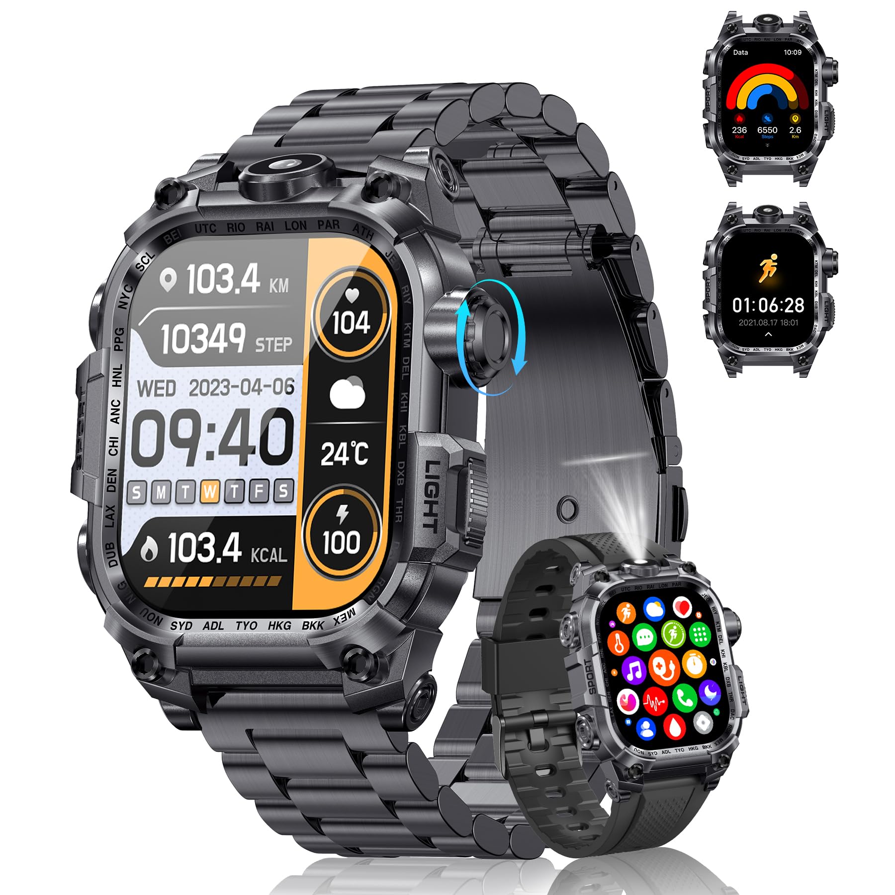 Smartwatch Uomo, 2.01" Militari Smart Watch con Chiamate 150+ Modalità Sportive 650 mAh LED Torcia Contapassi Sonno Cardiofrequenzimetro, Rugged Smart Watch Impermeabile per Android iOS(Nero)