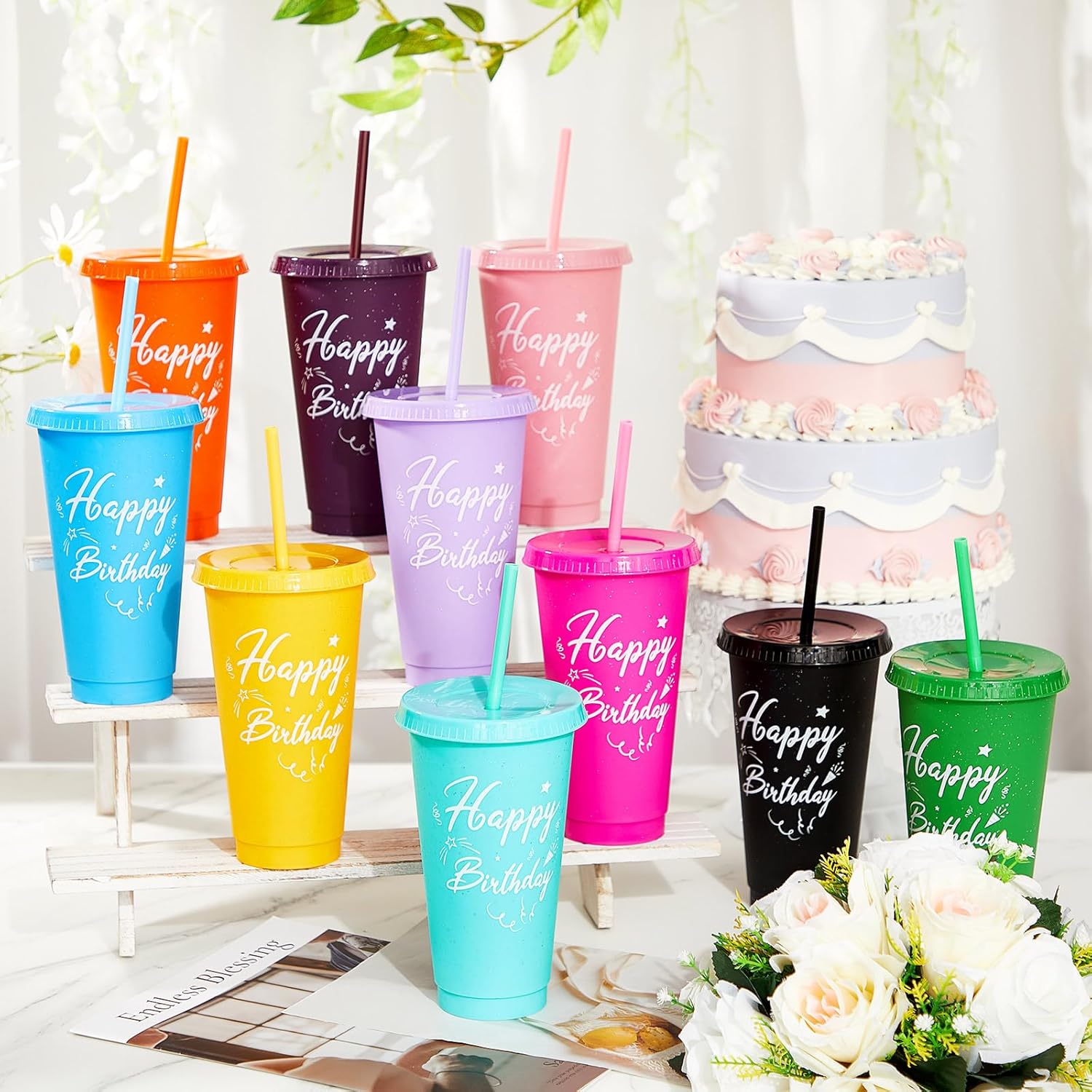 Uiifan 30 Pcs Birthday Cups Bulk with Lids and Straws, Colorful Reusable Tumblers for Party Favors Return Gifts, Birthday Goodie Bag Stuffers - Image 4