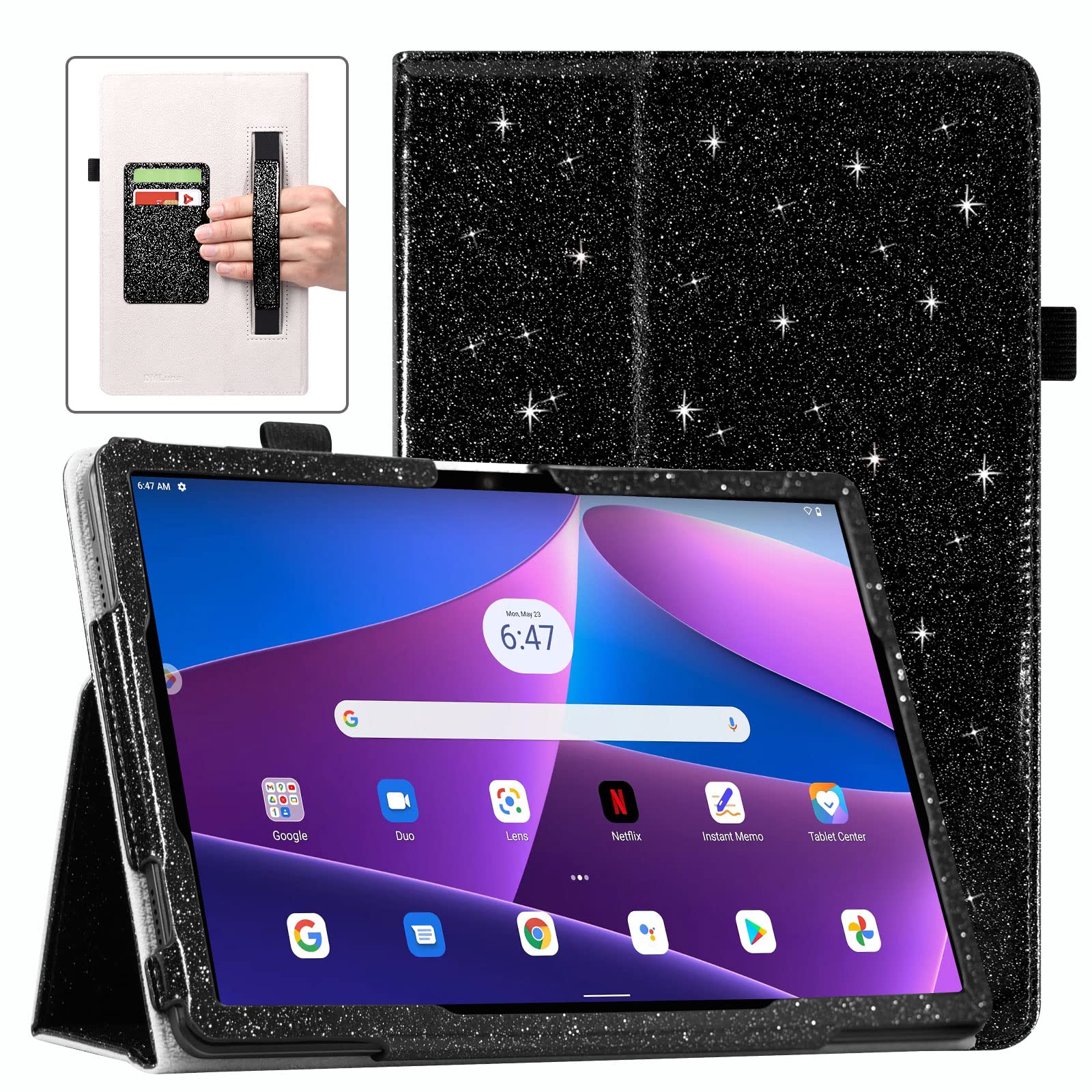 Case for Lenovo Tab M10 Plus Case 10.6 Inches 2022 3rd Gen, Folio Premium PU Leather Stand Cover with Hand Strap/Card Slot for Lenovo Tab M10 Plus 3rd Gen 10.6" 2022 Release, Glitter Black