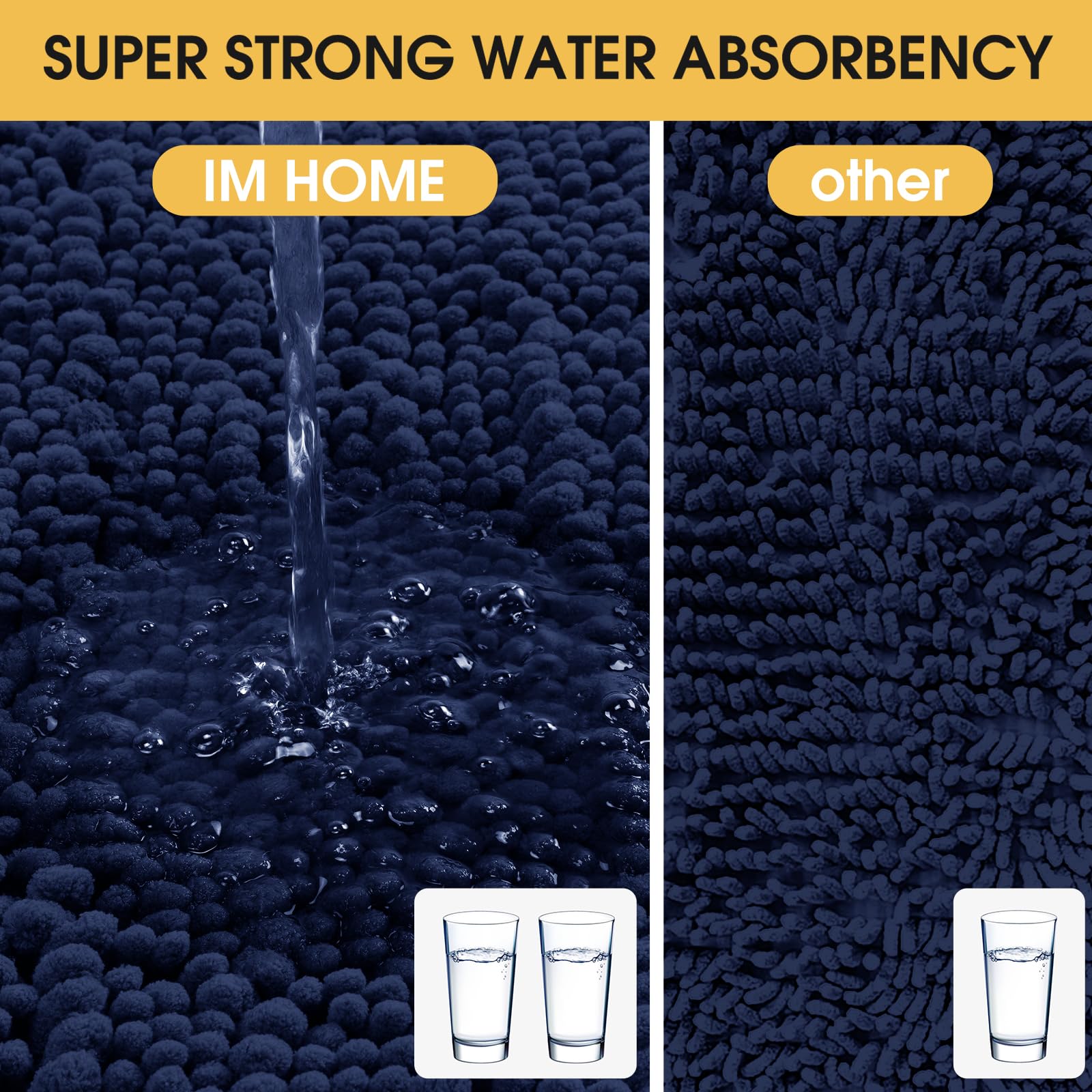 ACCUMTEK Upgrade Extra Large Navy Blue Bathroom Rug Set 3 Pieces Ultra Soft, Thick Absorbent Bath Mats, Non Slip Chenille Toilet Mat for Bathroom, Bedroom, Kitchen