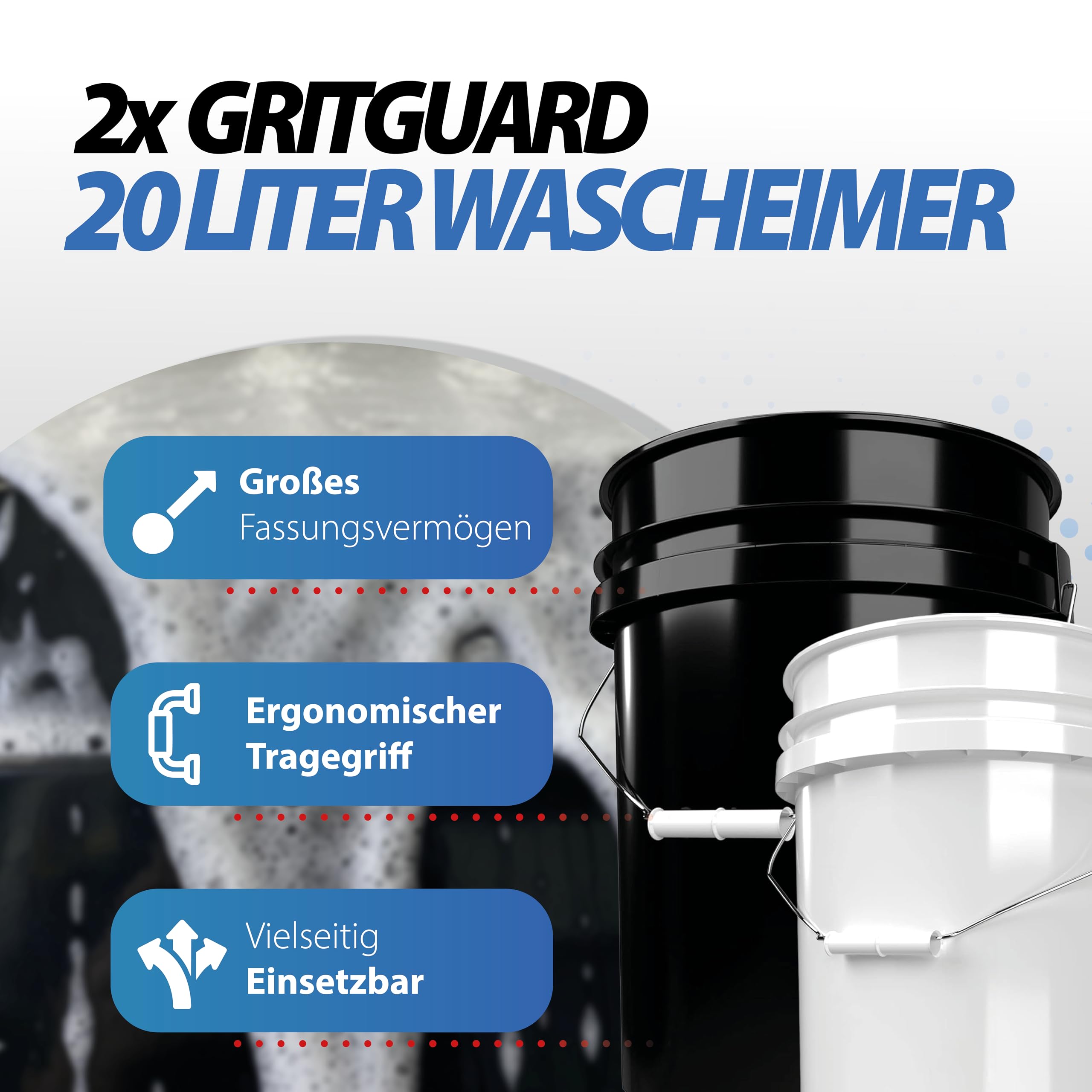 detailmate Black & White Set | 2 secchi per lavaggio Magic Bucket 20 litri/5GAL + 2 filtri per secchiello nero & bianco | accessori per il lavaggio professionale auto | lavaggio auto moto
